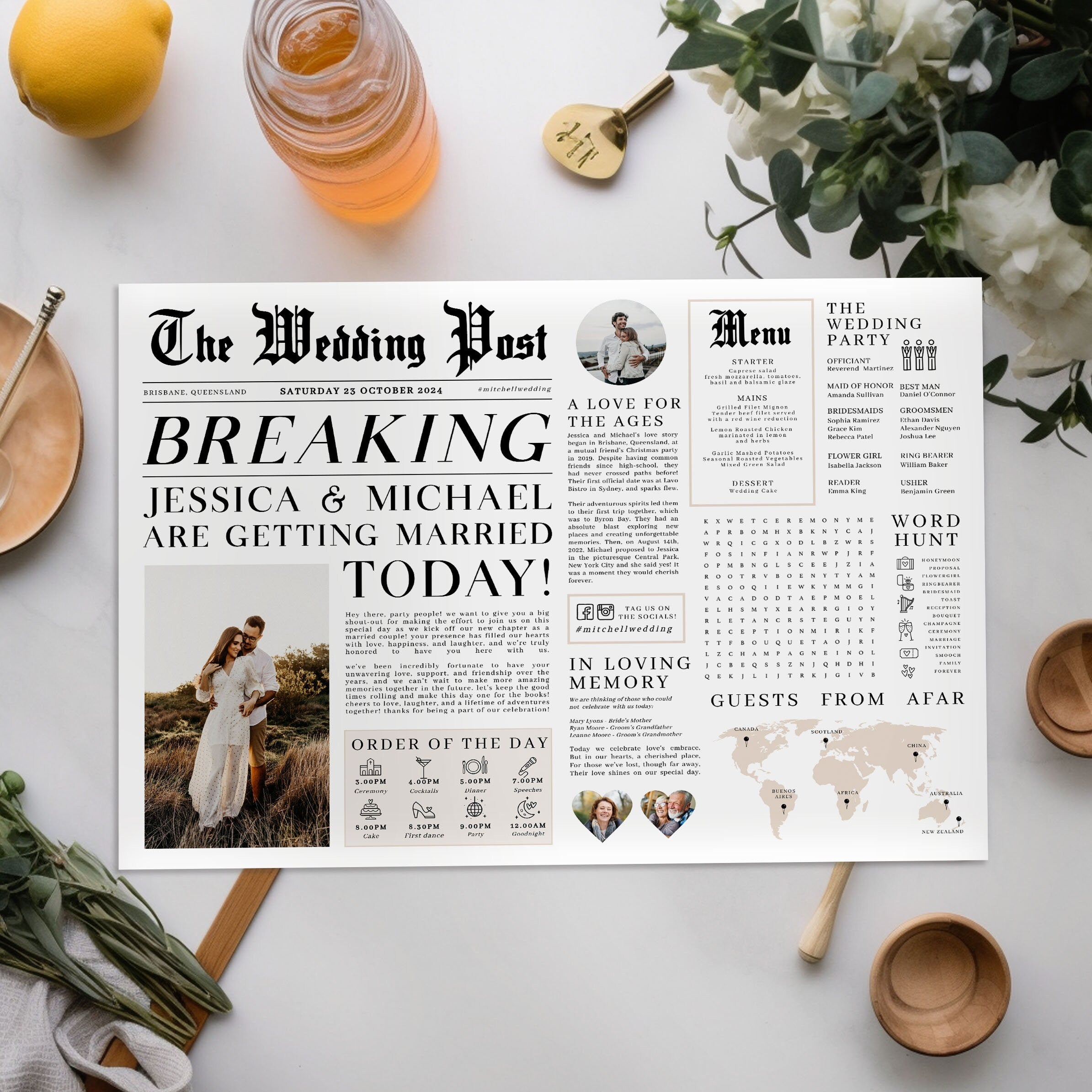 Editable Newspaper Wedding Placemat, Fun Printable Wedding Menu Template, DIY Wedding Timeline Program Template, Wedding Program Templett