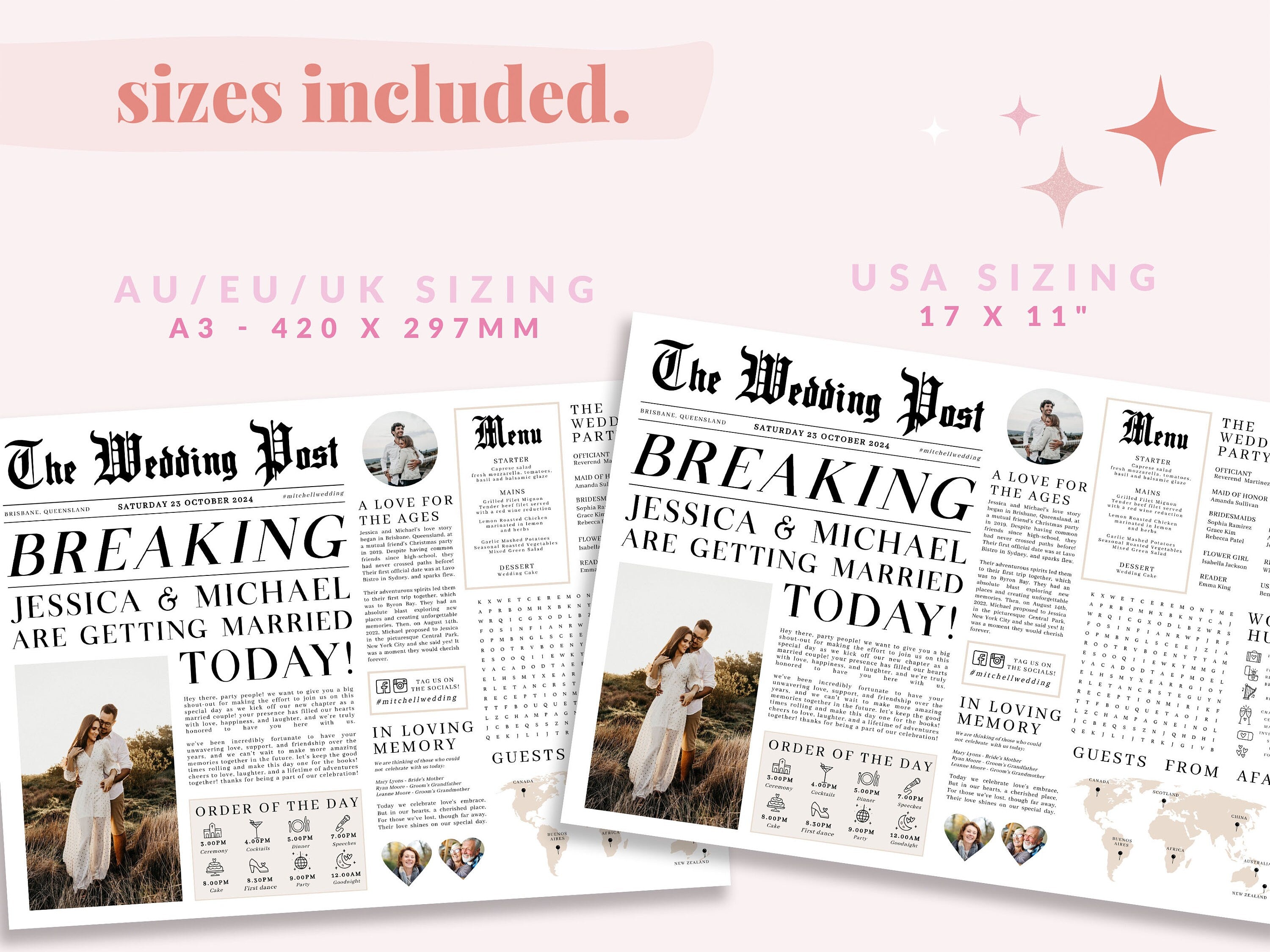 Editable Newspaper Wedding Placemat, Fun Printable Wedding Menu Template, DIY Wedding Timeline Program Template, Wedding Program Templett