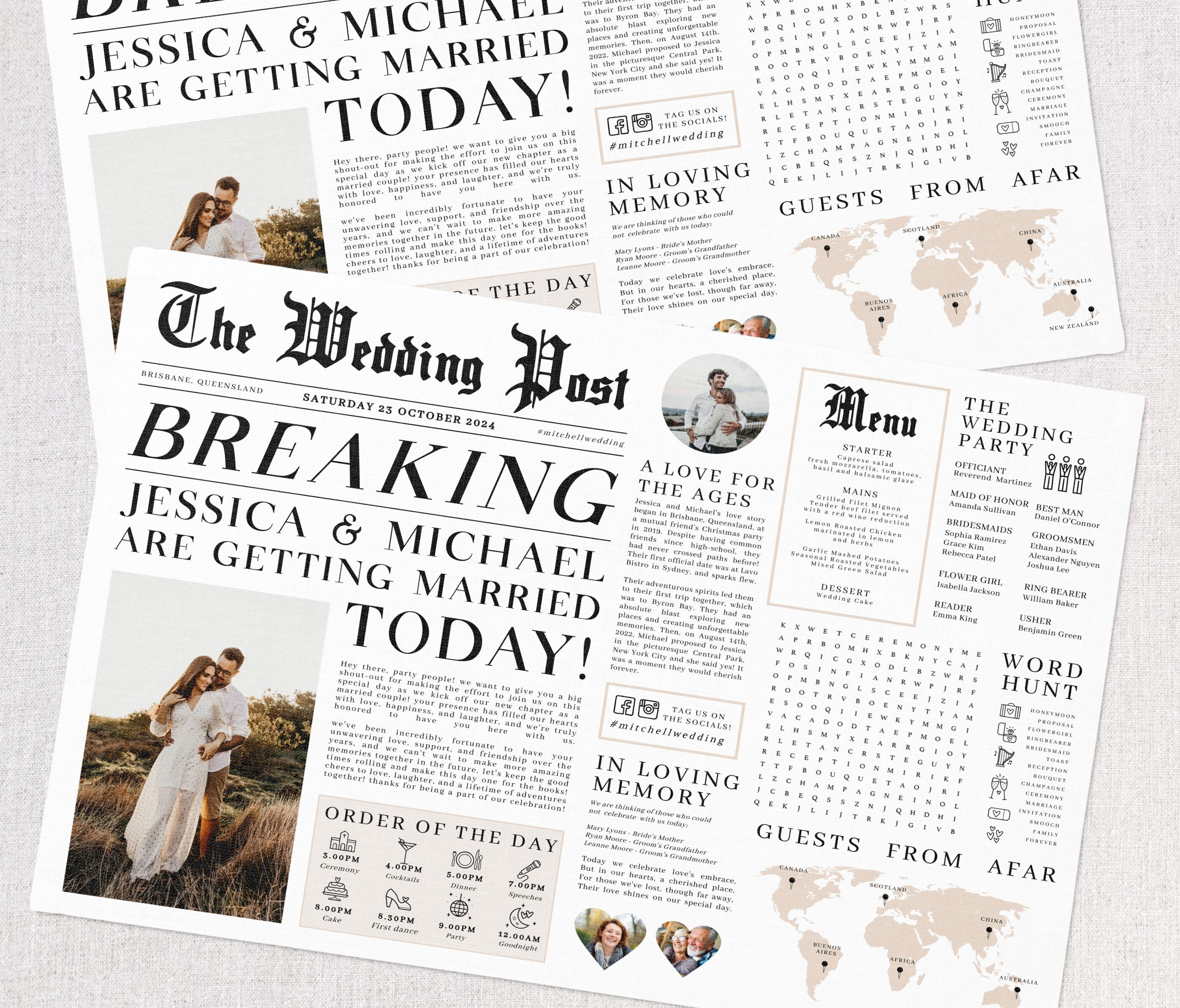 Editable Newspaper Wedding Placemat, Fun Printable Wedding Menu Template, DIY Wedding Timeline Program Template, Wedding Program Templett