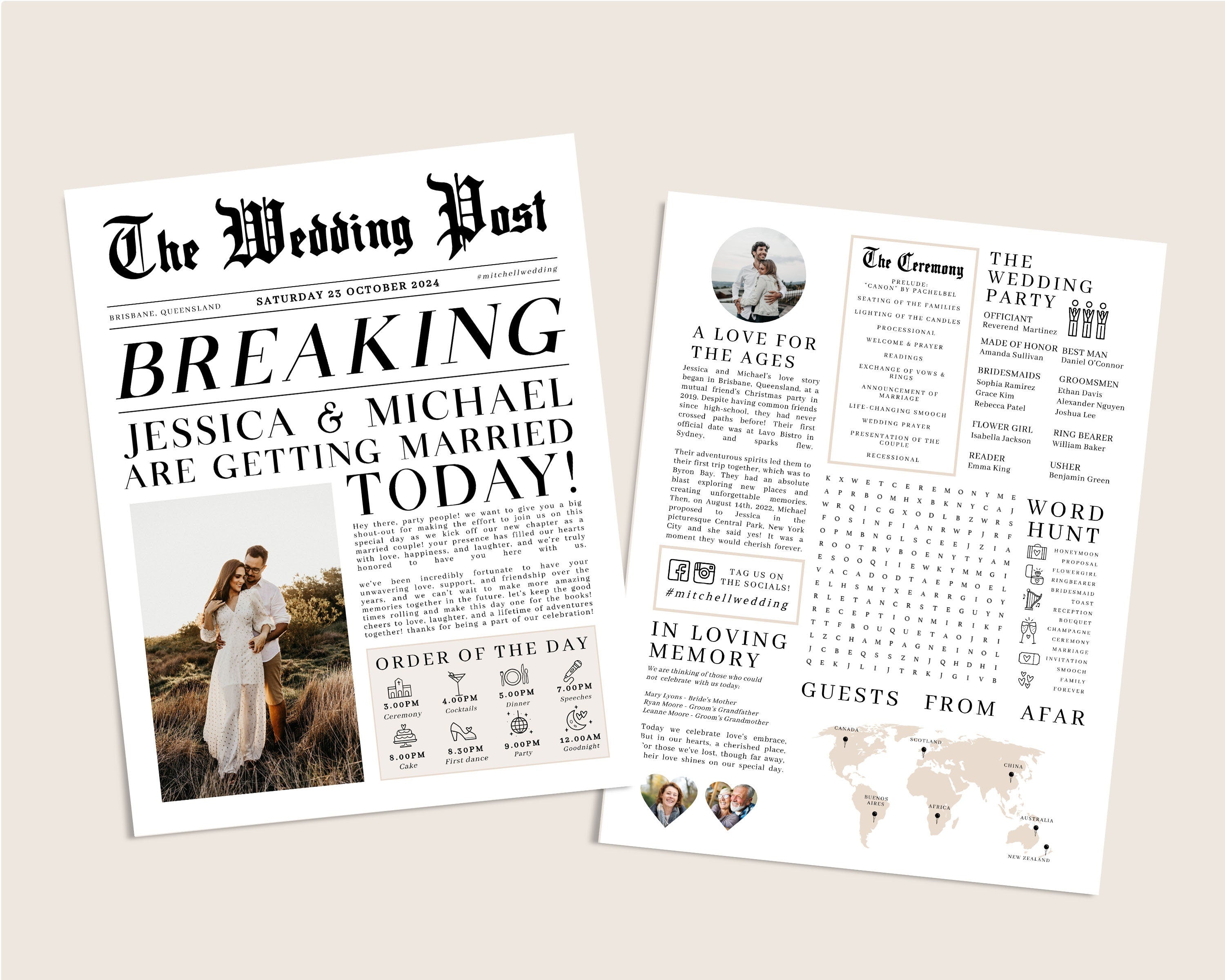 Editable Newspaper Wedding Program, Fun Printable Wedding Programs, DIY Wedding Program Template, Fun Wedding Programs, Newspaper