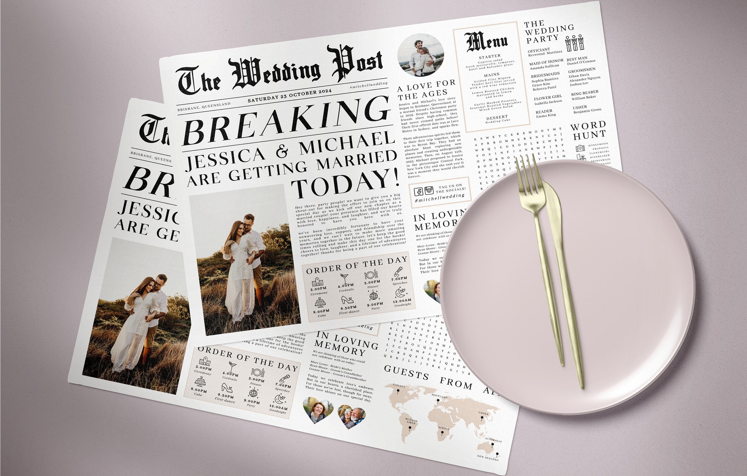 Editable Newspaper Wedding Placemat, Fun Printable Wedding Menu Template, DIY Wedding Timeline Program Template, Wedding Program Templett