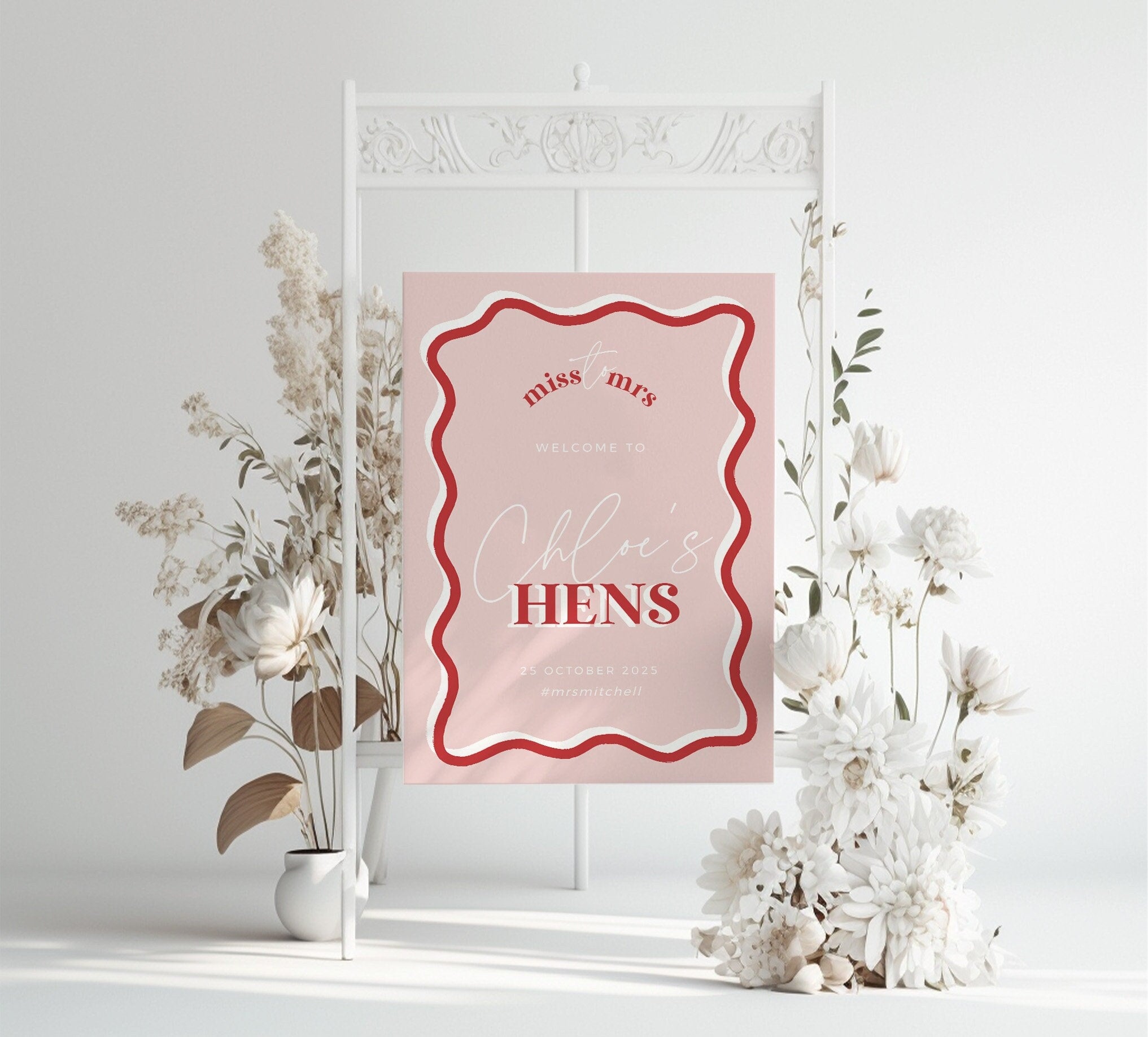 HITCHED Pink Wave Hens Party welcome sign template, Printable bacheloret te party, editable welcome template, templett instant download