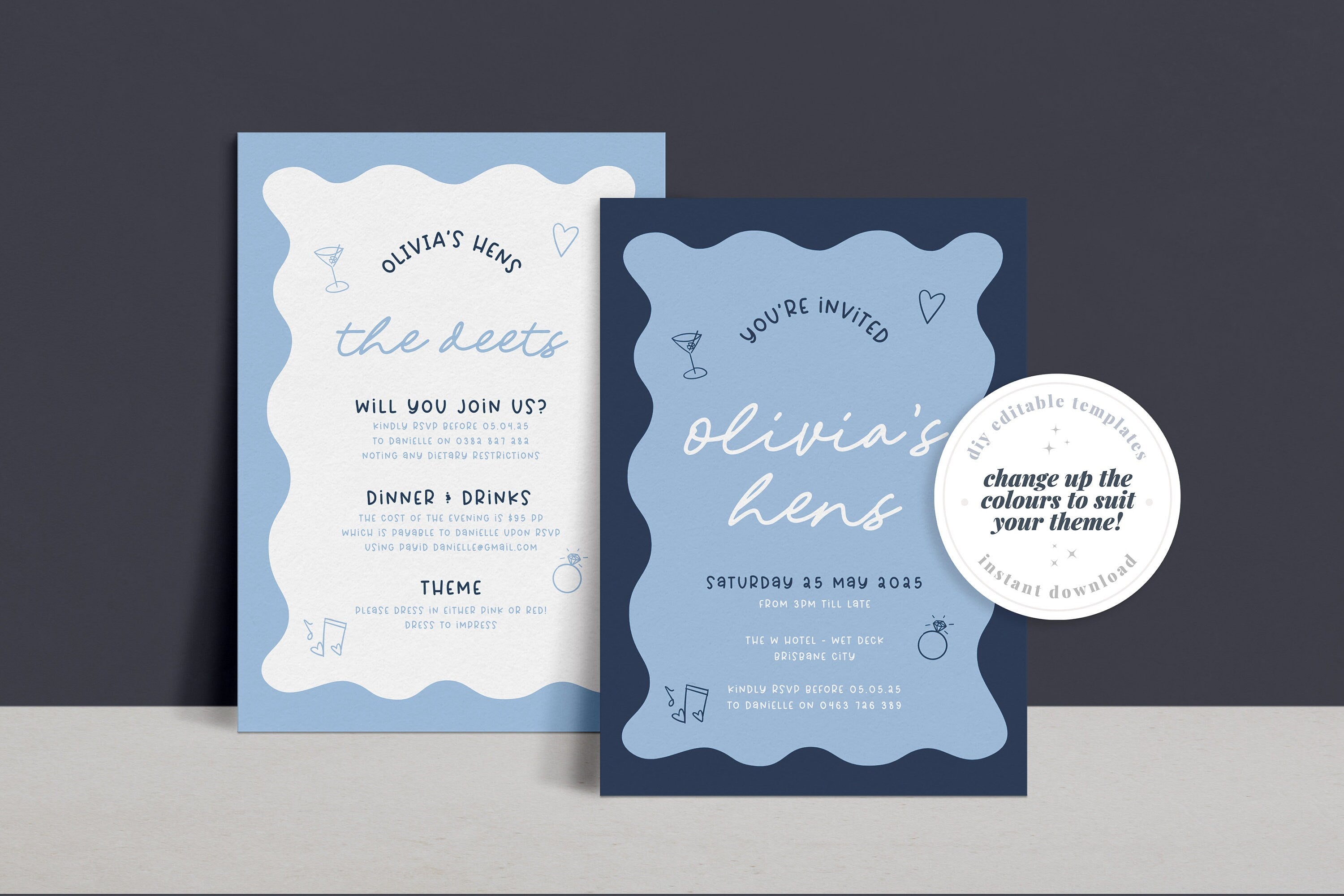 JEMMA Modern Wavy Hens Invitation Template Download, Editable Template Instant Download, Pink Red Hand-drawn border, Templett