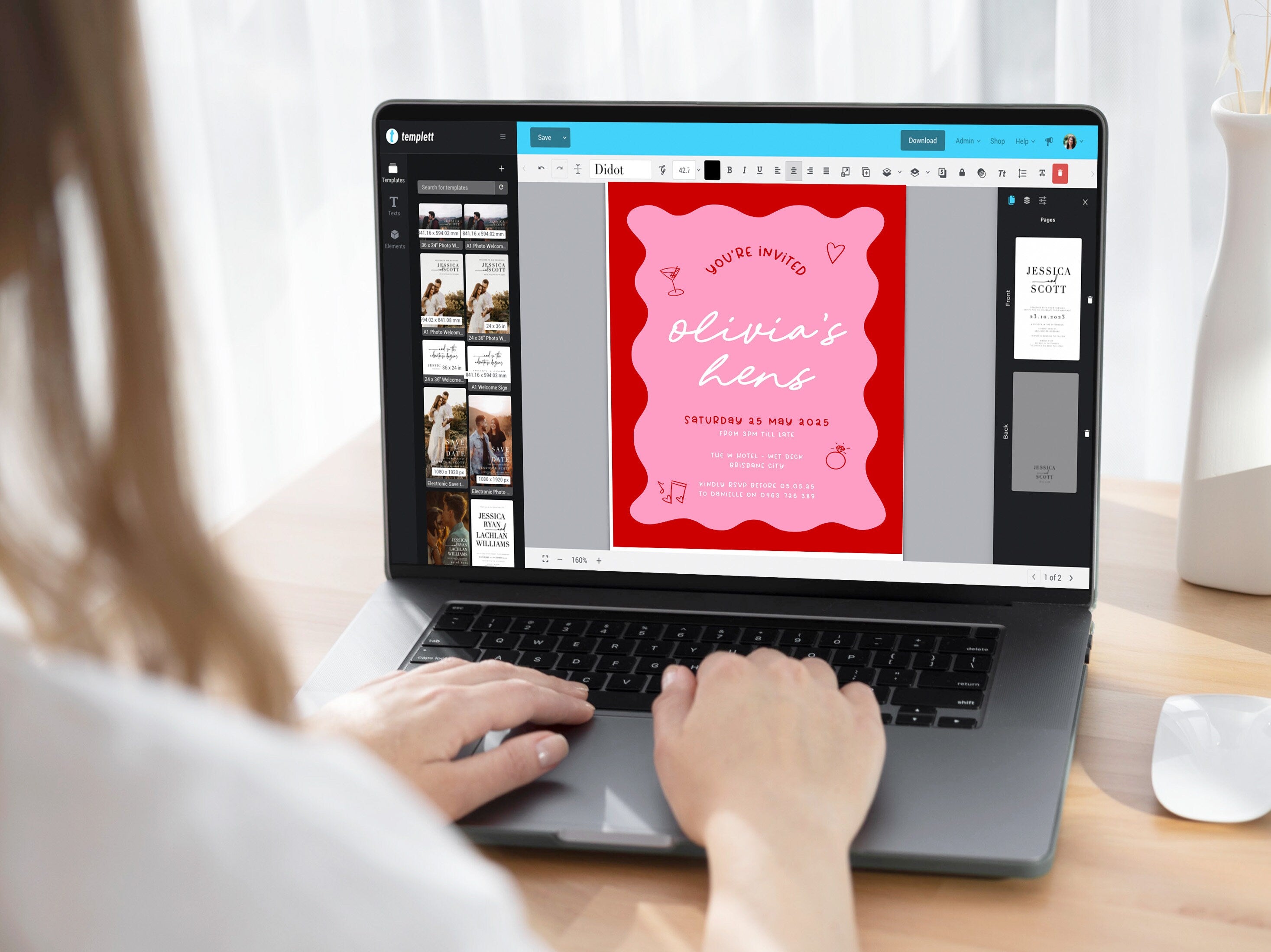 JEMMA Modern Wavy Hens Invitation Template Download, Editable Template Instant Download, Pink Red Hand-drawn border, Templett