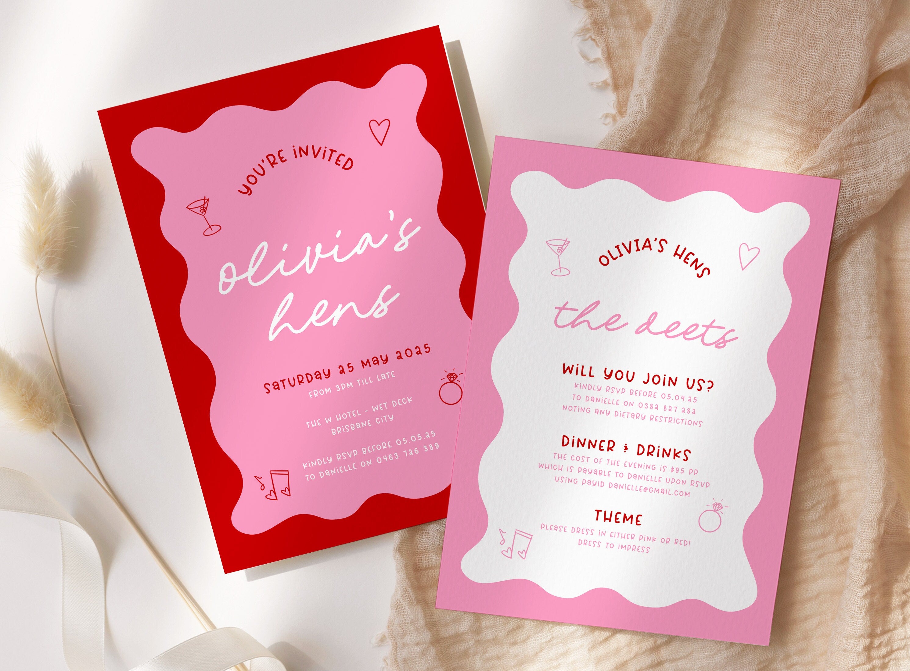 JEMMA Modern Wavy Hens Invitation Template Download, Editable Template Instant Download, Pink Red Hand-drawn border, Templett
