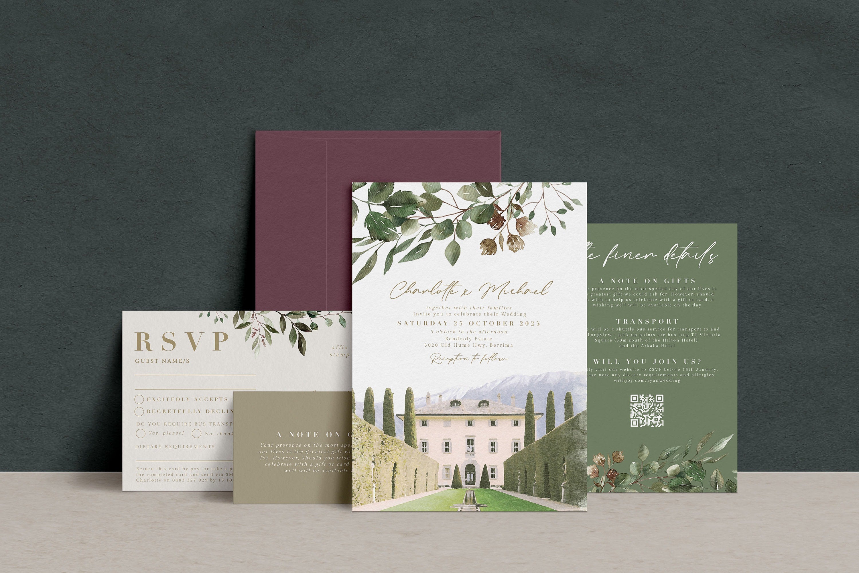 RUTH Custom Wedding Invitation with Watercolor Venue Painting, Greenery Editable Invitation Suite, Custom Watercolor Wedding Venue