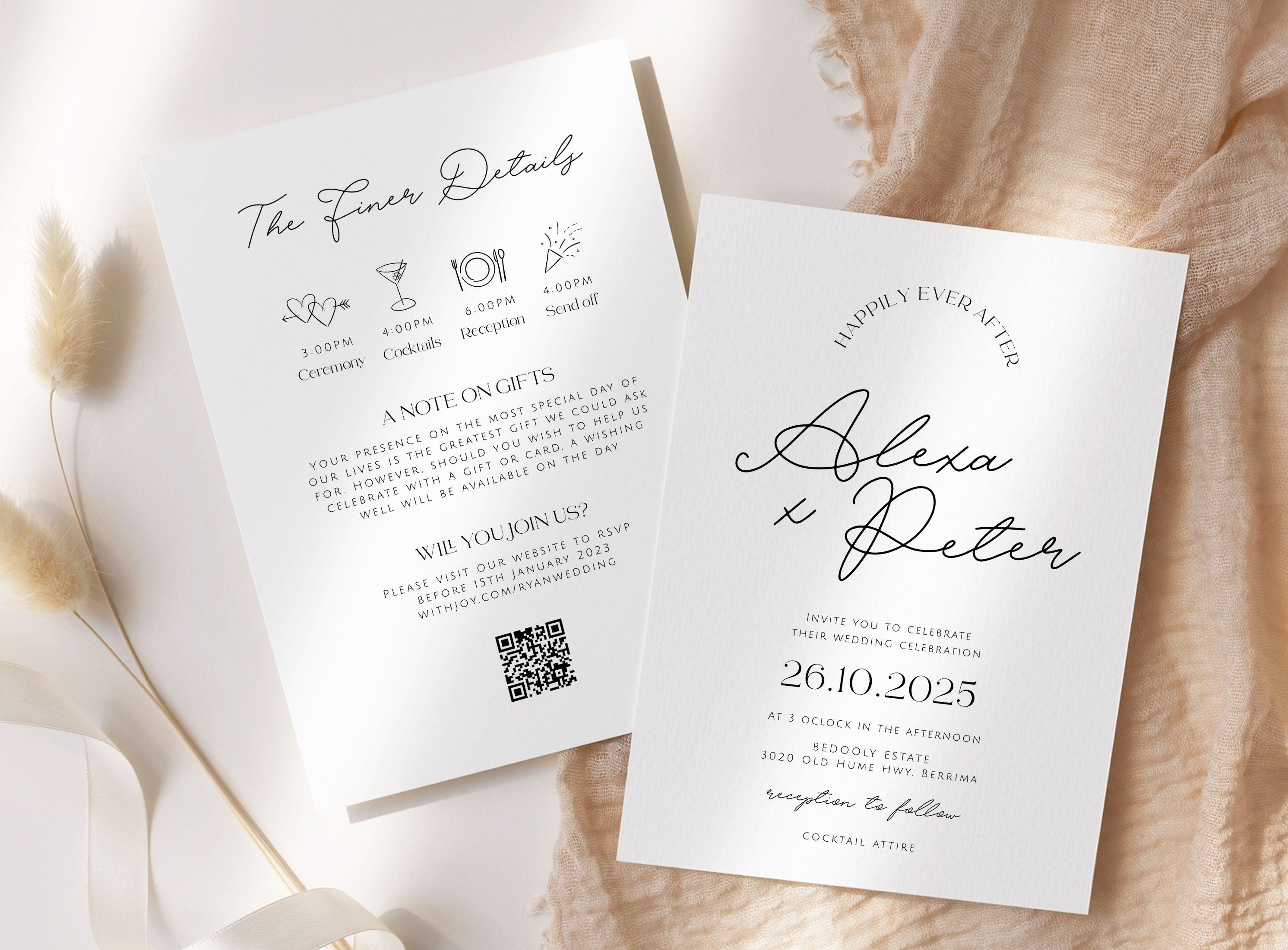 DAZZLE Modern Wedding Invitation Template with QR Code, Minimalist Wedding Invite, Modern QR Details, Editable Templett