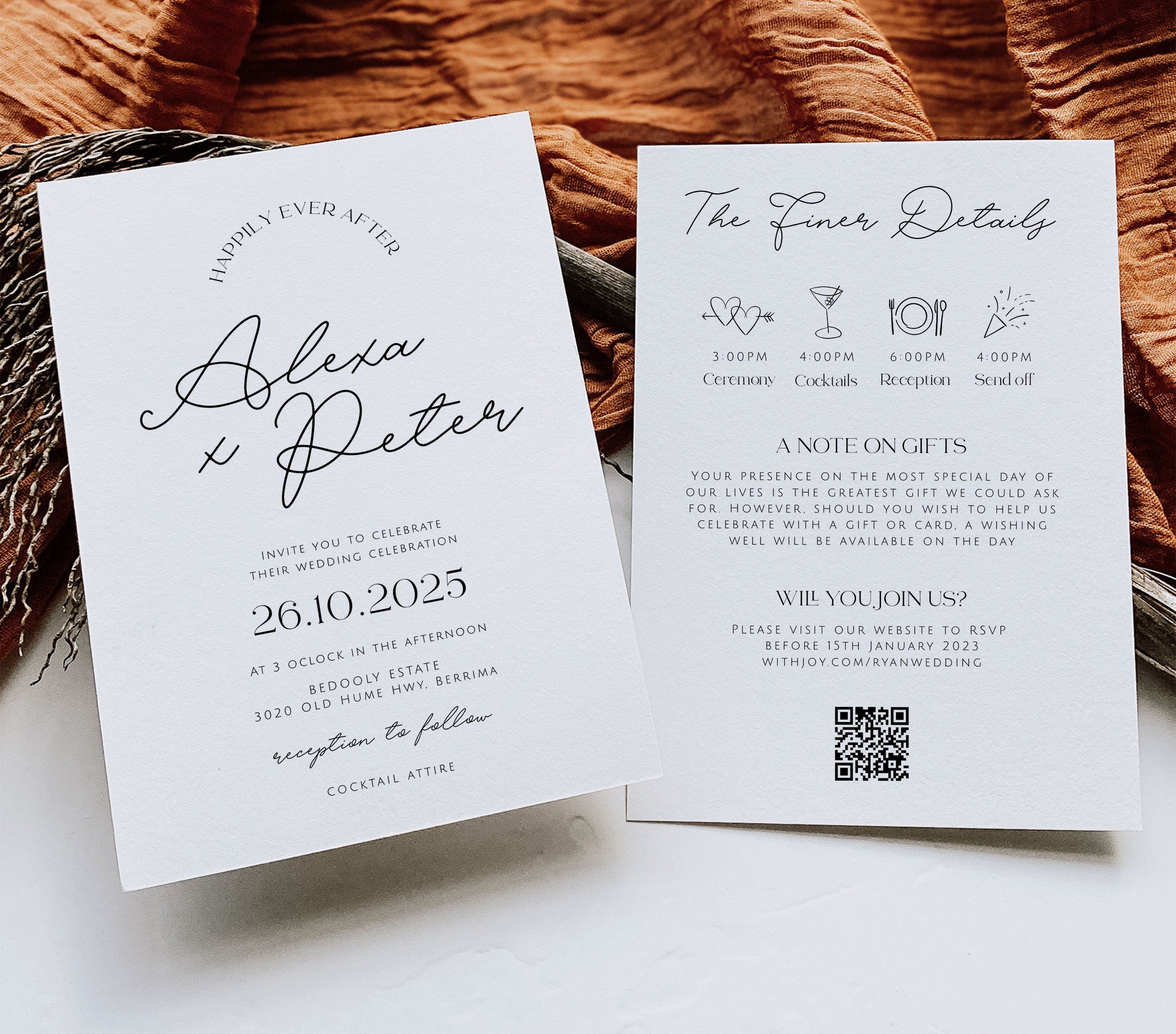 DAZZLE Modern Wedding Invitation Template with QR Code, Minimalist Wedding Invite, Modern QR Details, Editable Templett