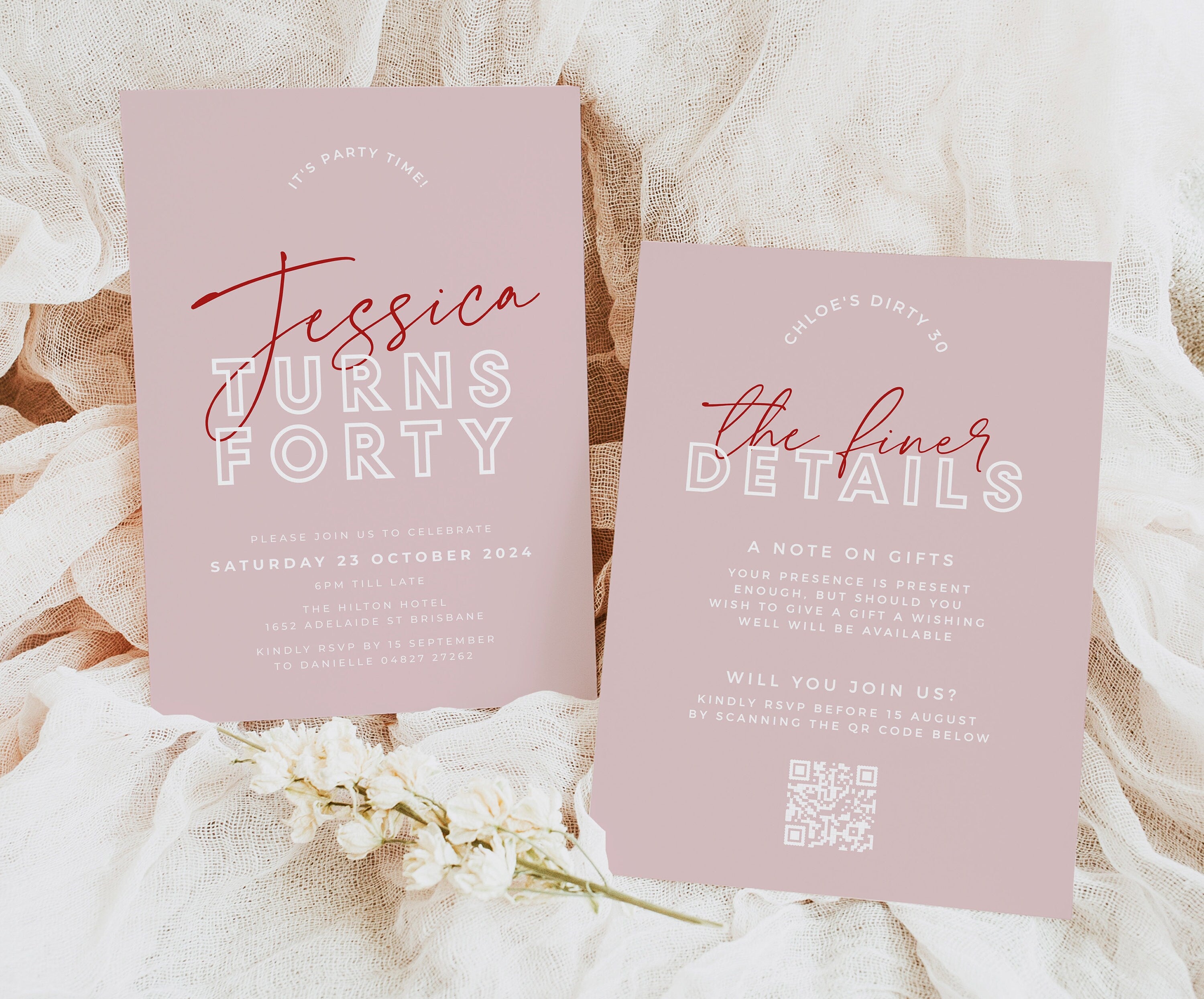 BRODY Modern Pink 40th Birthday Invitation template, 40th Birthday Invitation, Forty Invitation, Instant Download Editable Templett