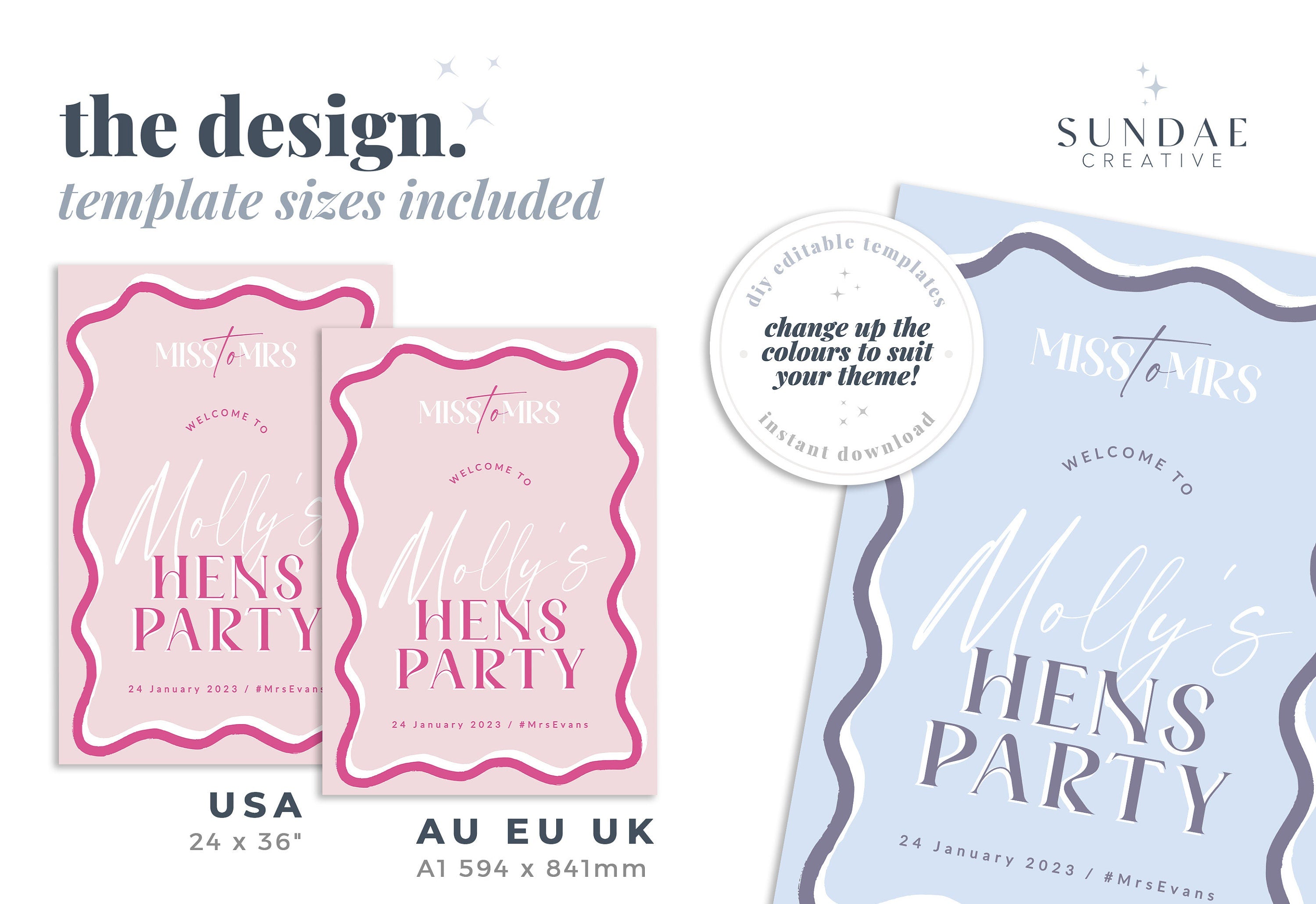 SONNY Hens Party welcome sign template, Pink Wavey bachelorette party, editable welcome template, templett instant download