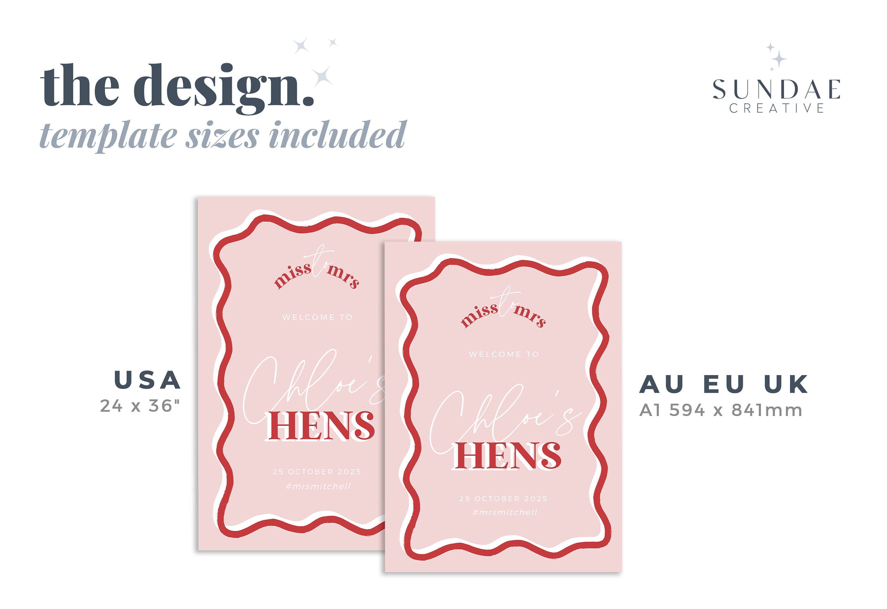HITCHED Pink Wave Hens Party welcome sign template, Printable bacheloret te party, editable welcome template, templett instant download