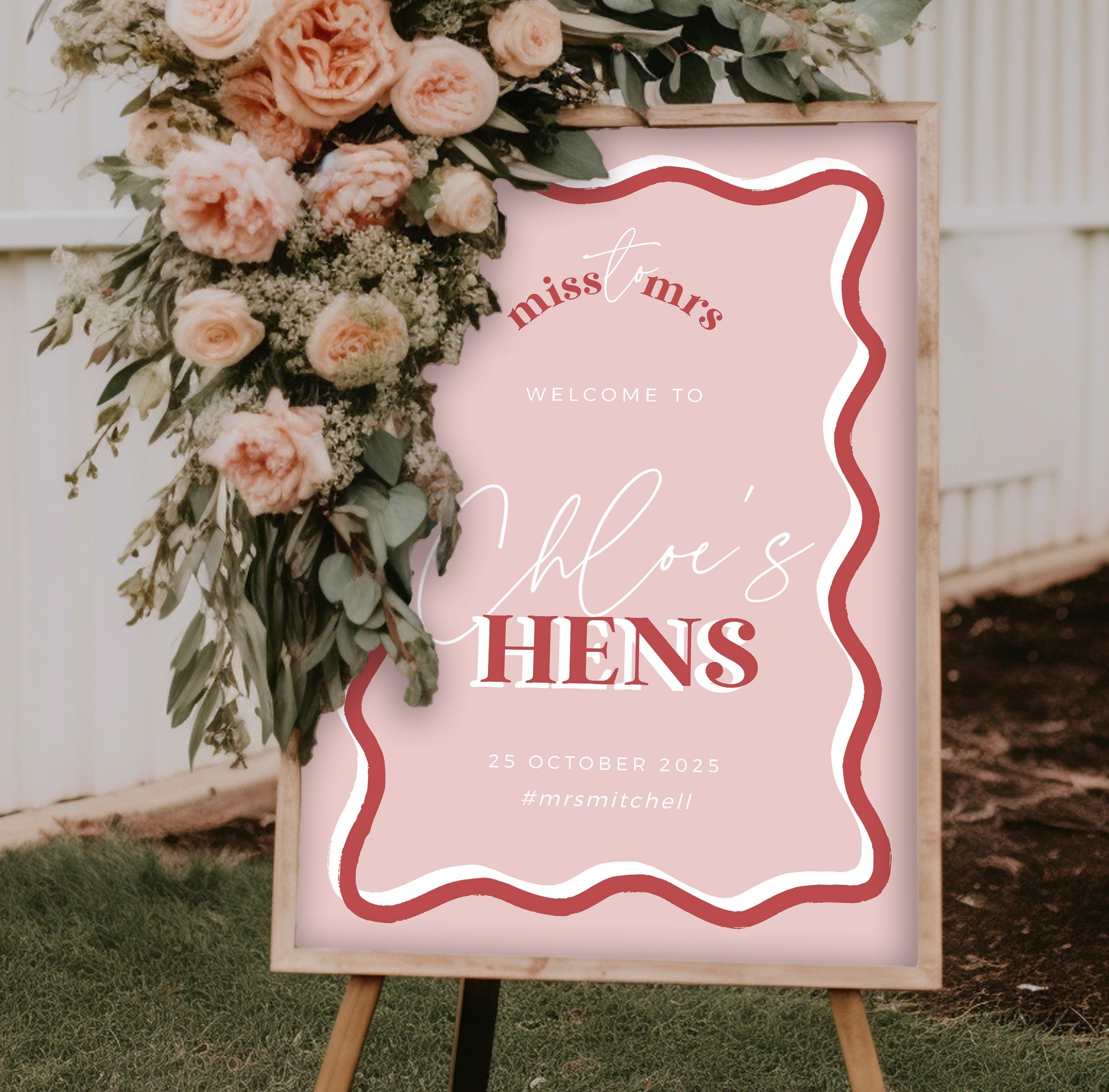 HITCHED Pink Wave Hens Party welcome sign template, Printable bacheloret te party, editable welcome template, templett instant download