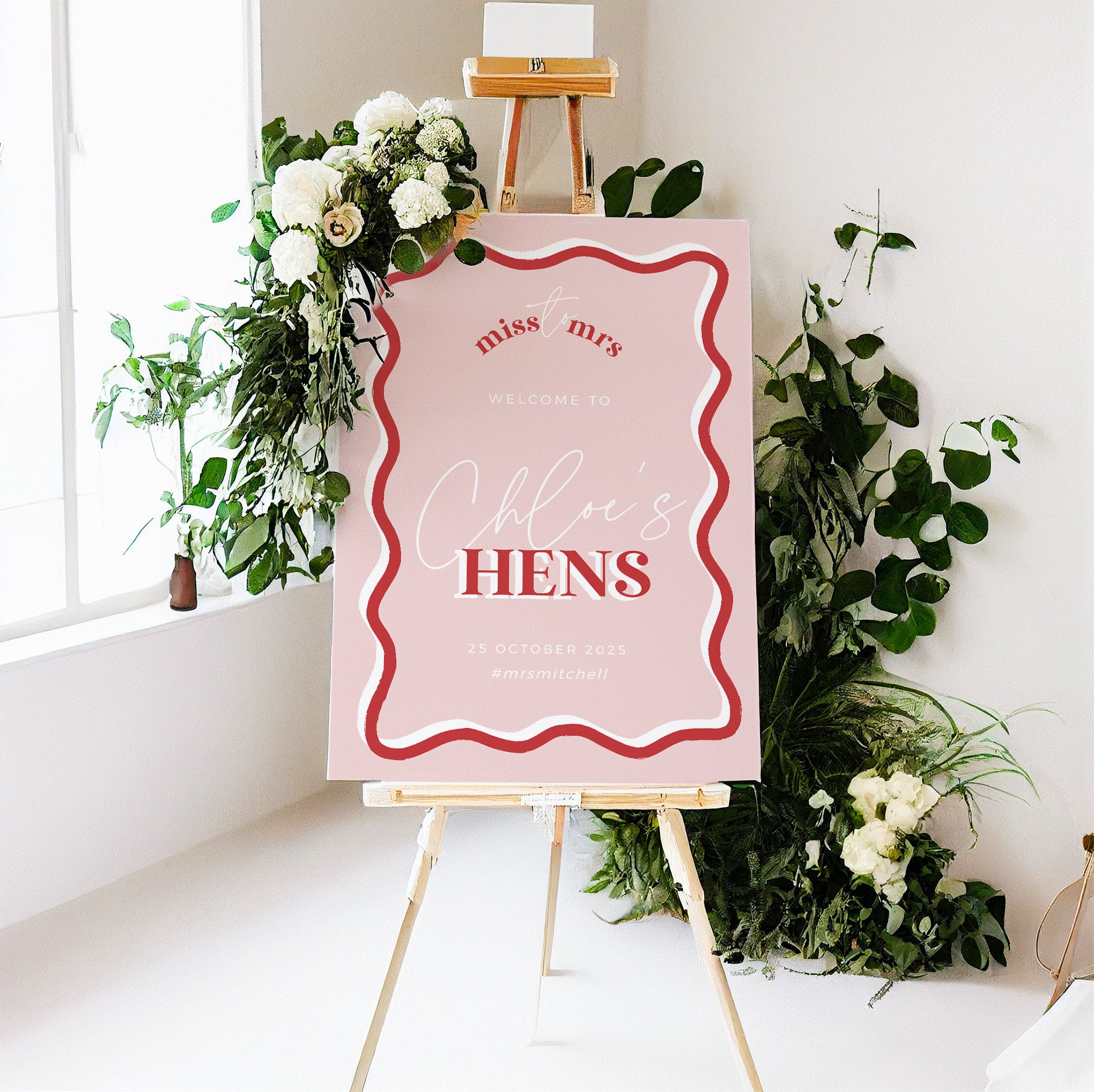 HITCHED Pink Wave Hens Party welcome sign template, Printable bacheloret te party, editable welcome template, templett instant download