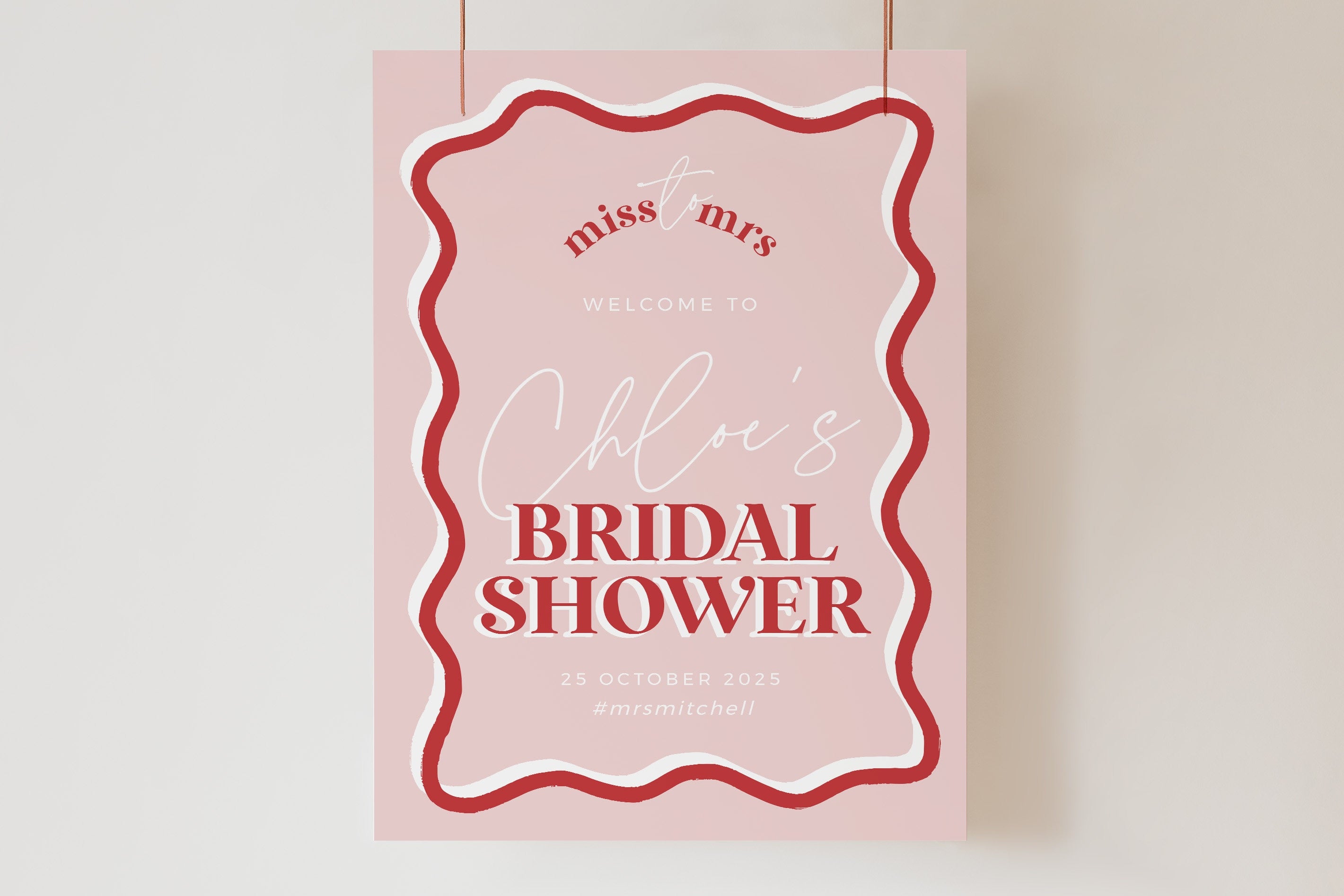 HITCHED Pink Bridal Shower Welcome Sign Hot Pink, Modern Bridal Shower De cor Boho, Hens Party Sign, Templett Template Download