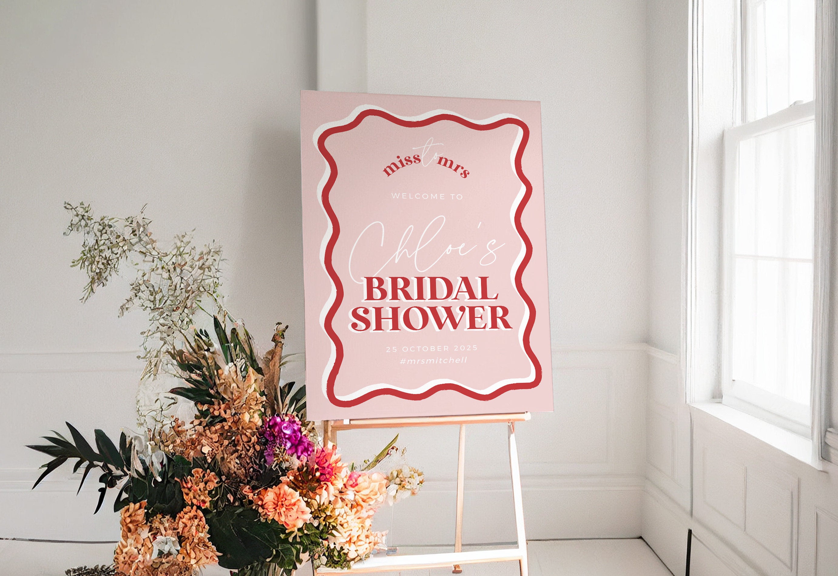 HITCHED Pink Bridal Shower Welcome Sign Hot Pink, Modern Bridal Shower De cor Boho, Hens Party Sign, Templett Template Download