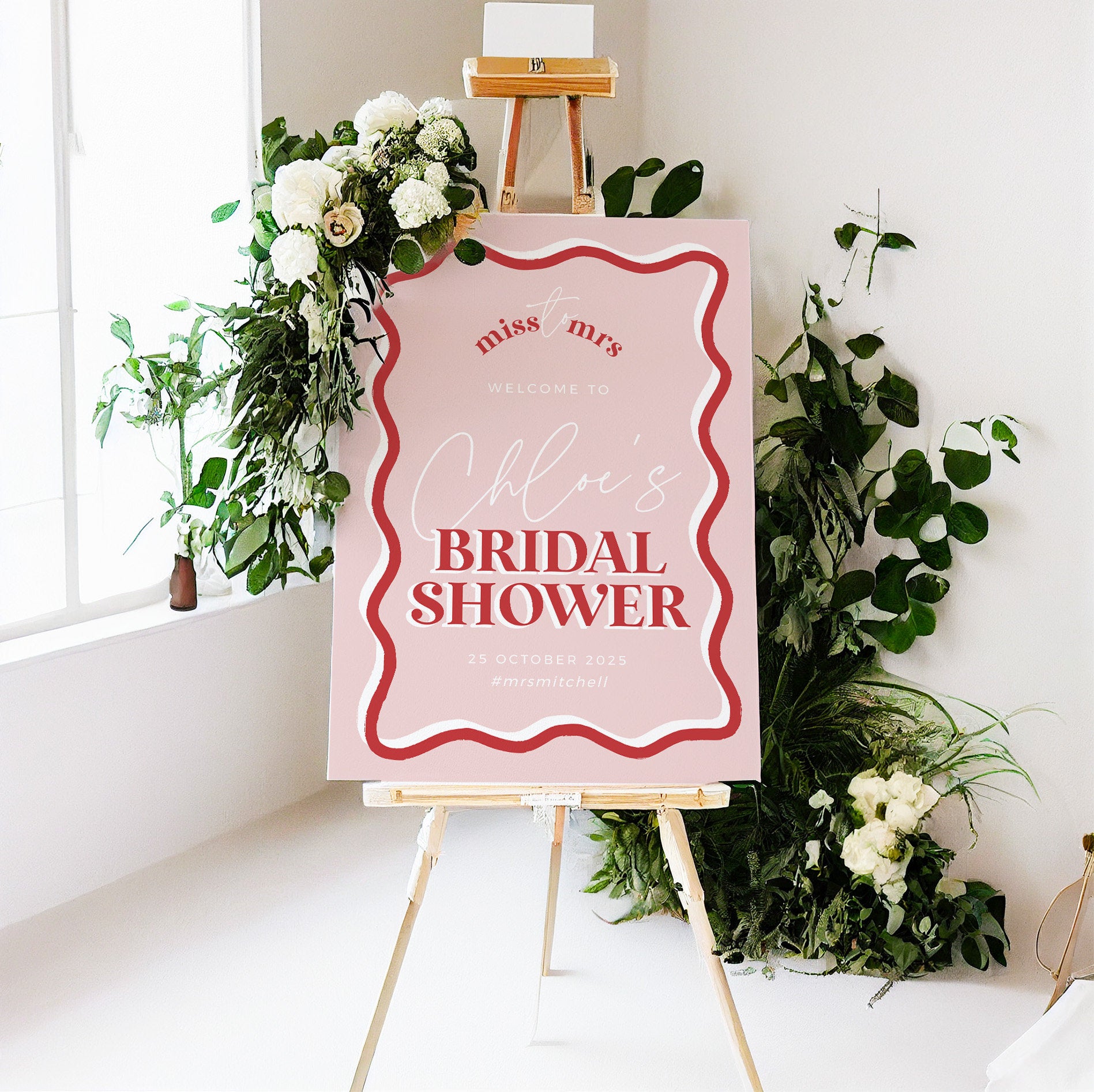 HITCHED Pink Bridal Shower Welcome Sign Hot Pink, Modern Bridal Shower De cor Boho, Hens Party Sign, Templett Template Download