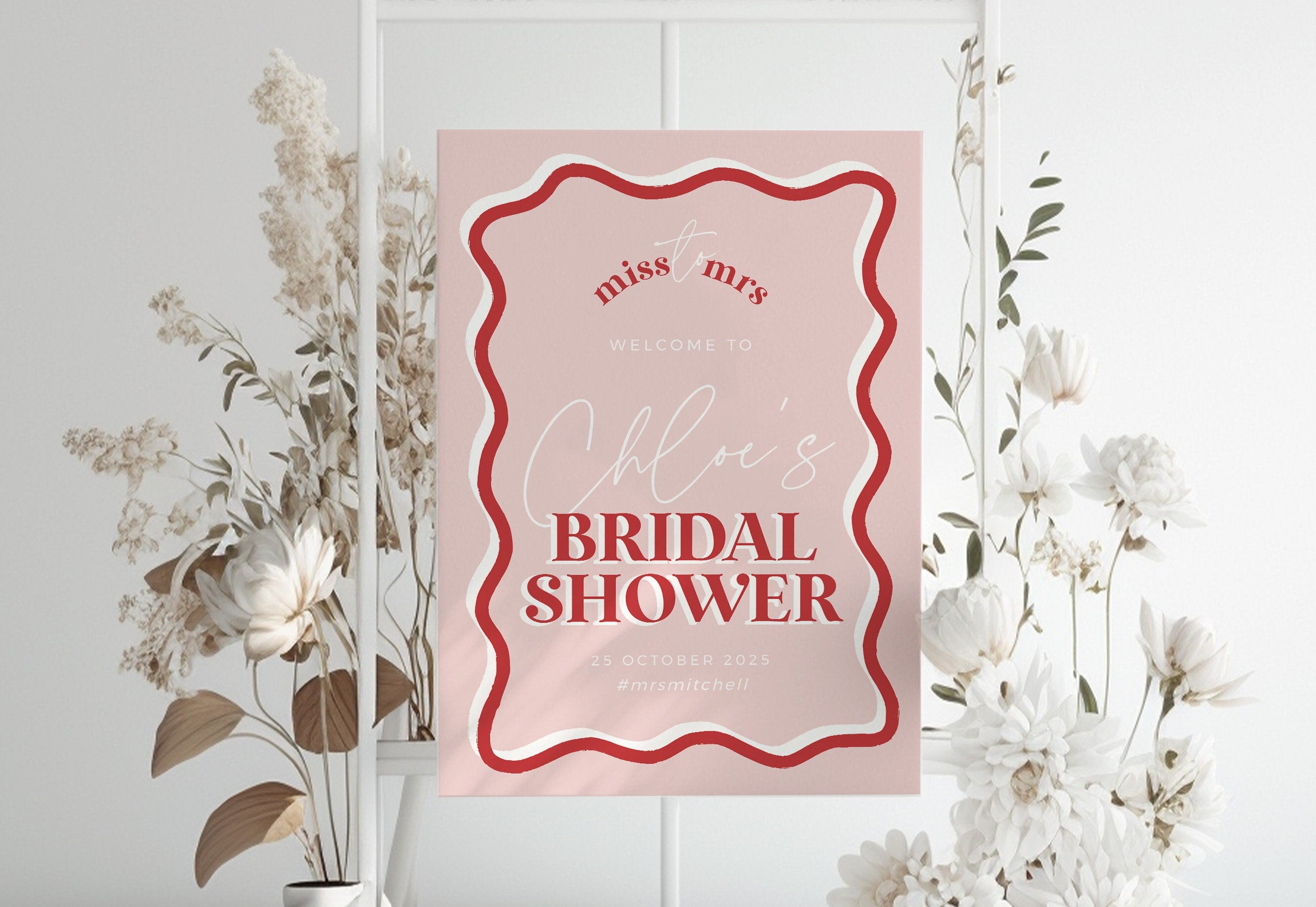 HITCHED Pink Bridal Shower Welcome Sign Hot Pink, Modern Bridal Shower De cor Boho, Hens Party Sign, Templett Template Download