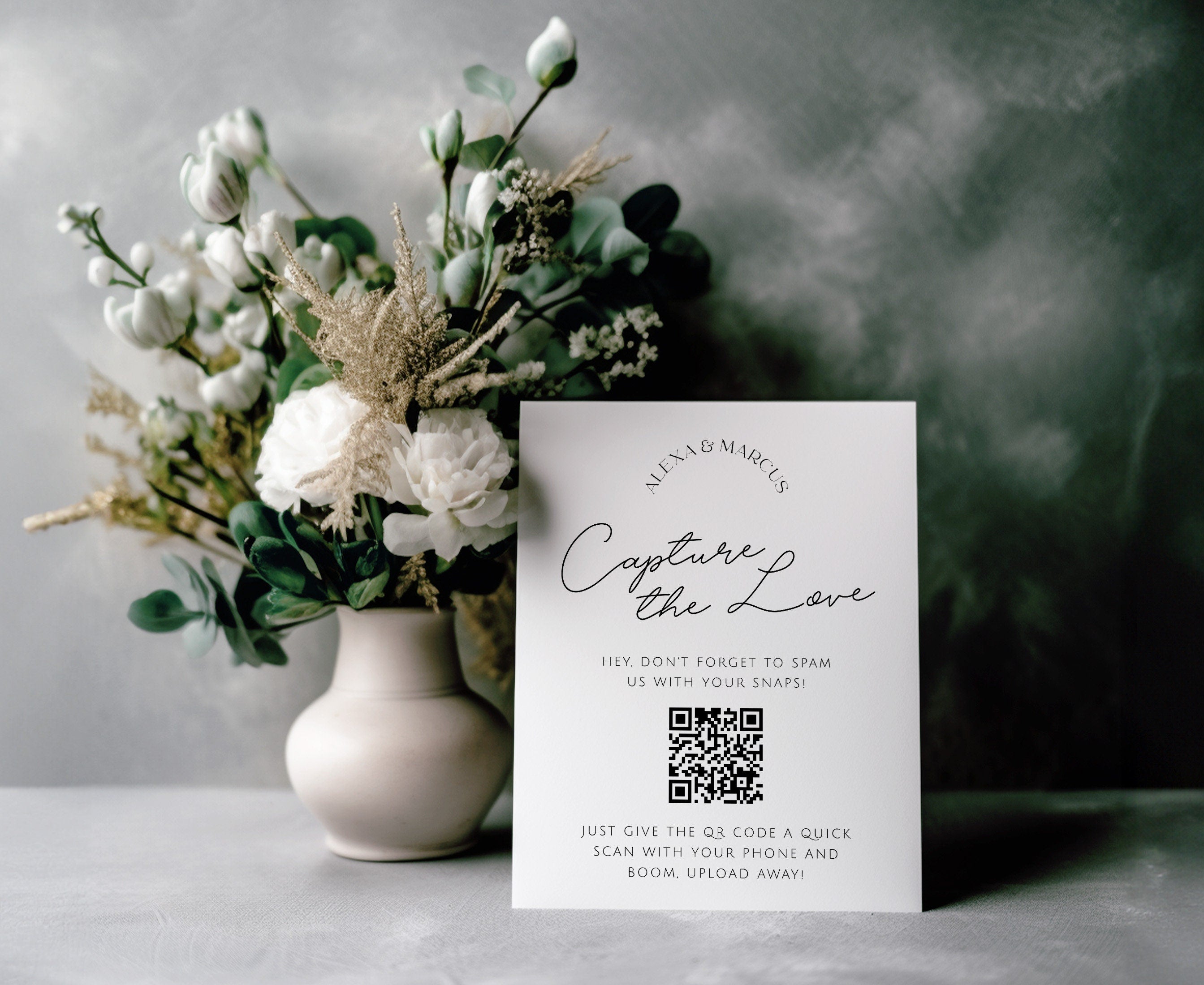 DAZZLE Minimalist Capture the Love QR Code Sign Template, Wedding Photo Signs, Share the Love, Wedding QR Code Signs, Editable Templett