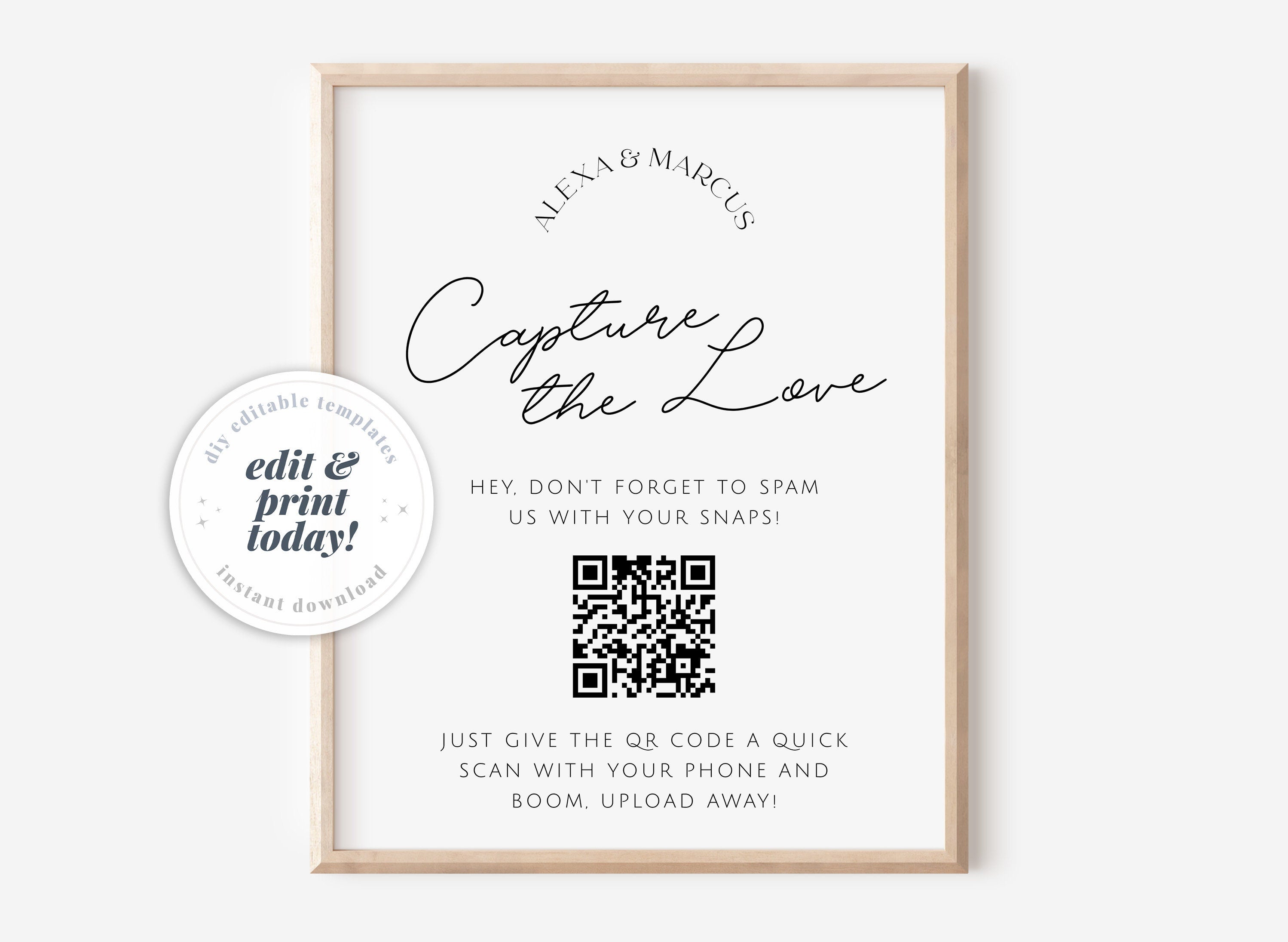 DAZZLE Minimalist Capture the Love QR Code Sign Template, Wedding Photo Signs, Share the Love, Wedding QR Code Signs, Editable Templett