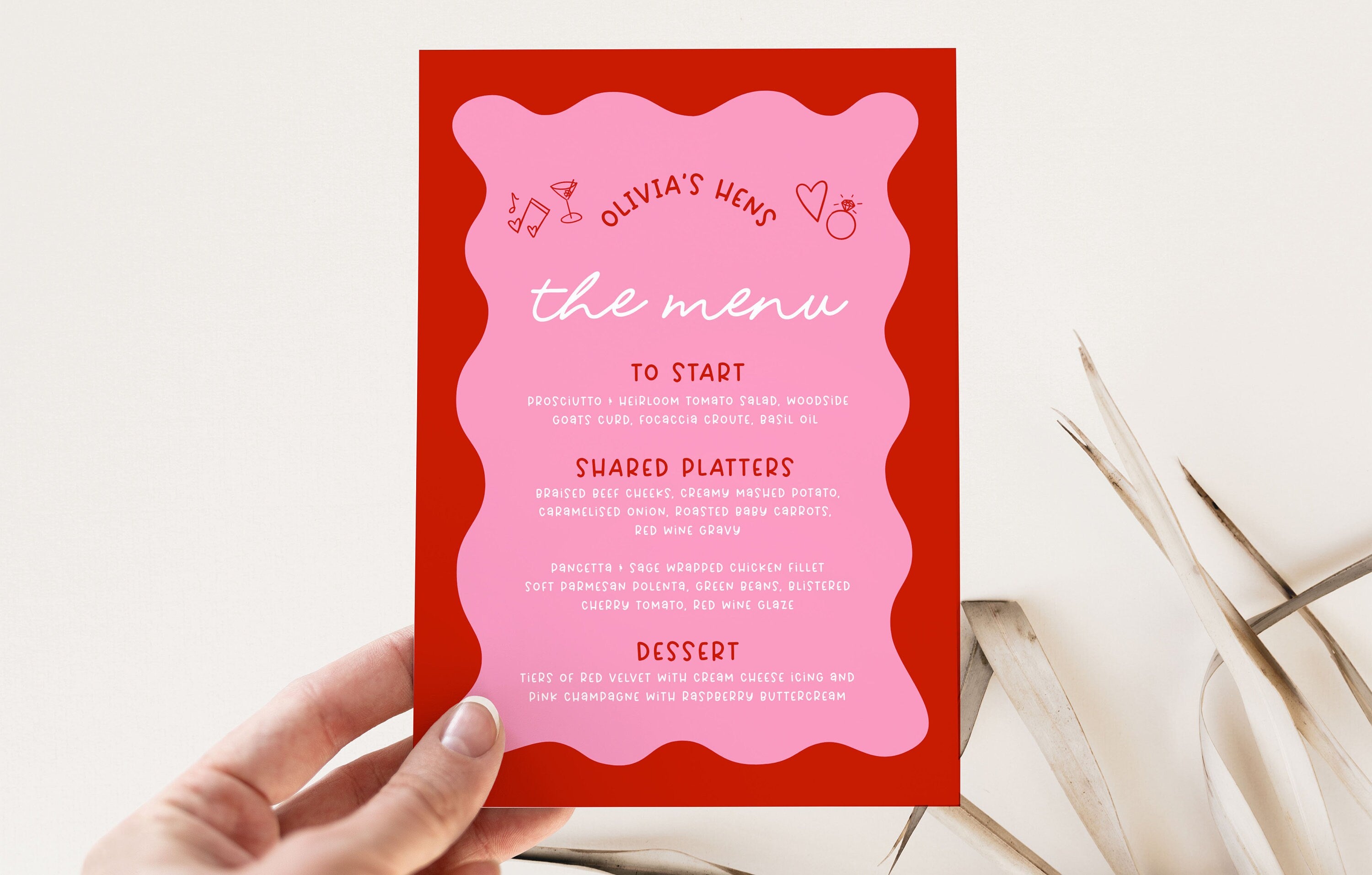 JEMMA Menu Pink Red Wavy Editable Template Instant Download, Colourful Hand Drawn Wriggly, Modern Bachelorette, Templett Instant Download