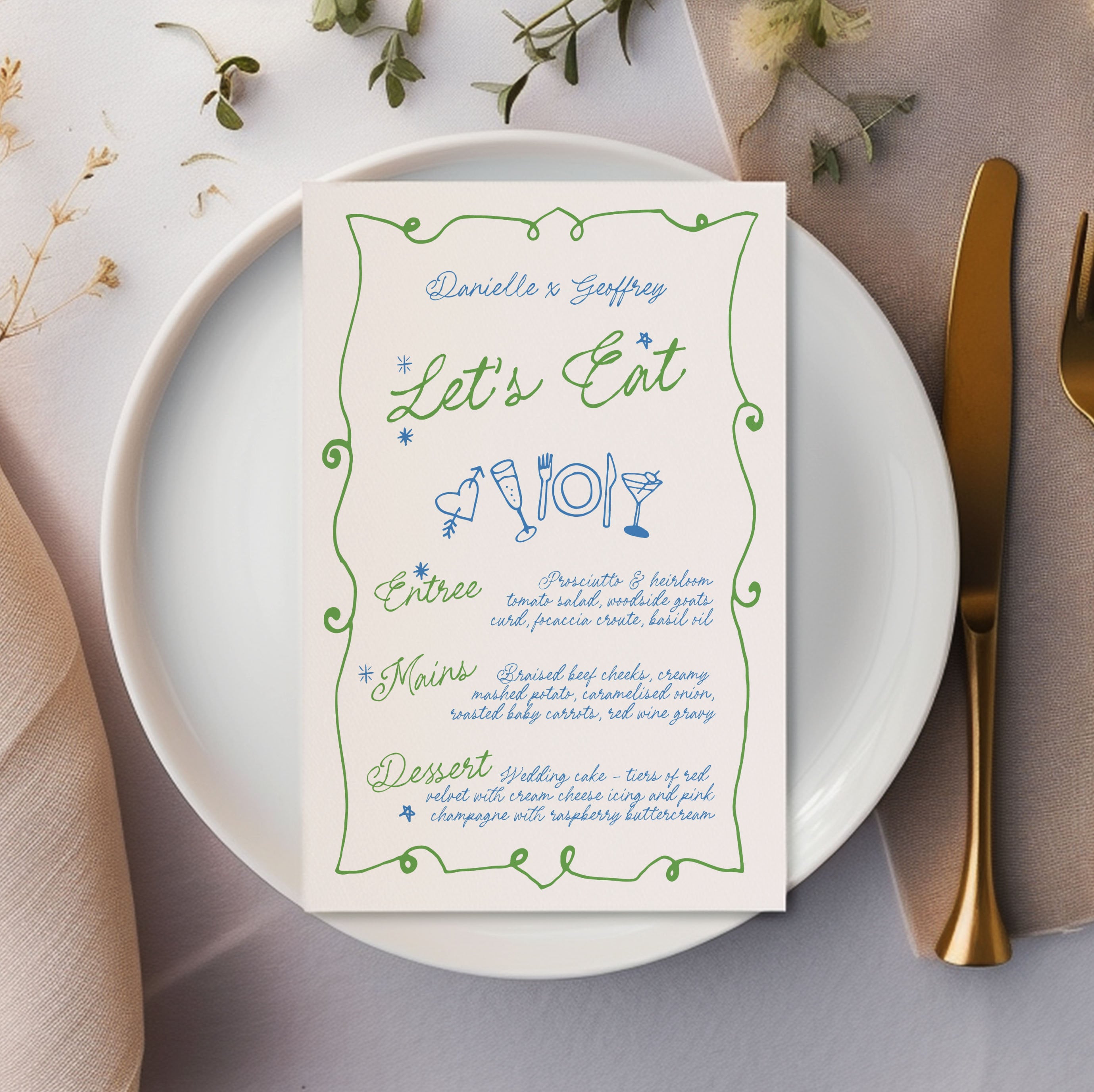 GEORGIE Modern Whimsical Wedding Menu Template, Dinner Drinks Bar Menu, Hand Drawn Scribble Illustration, Editable Templett Download