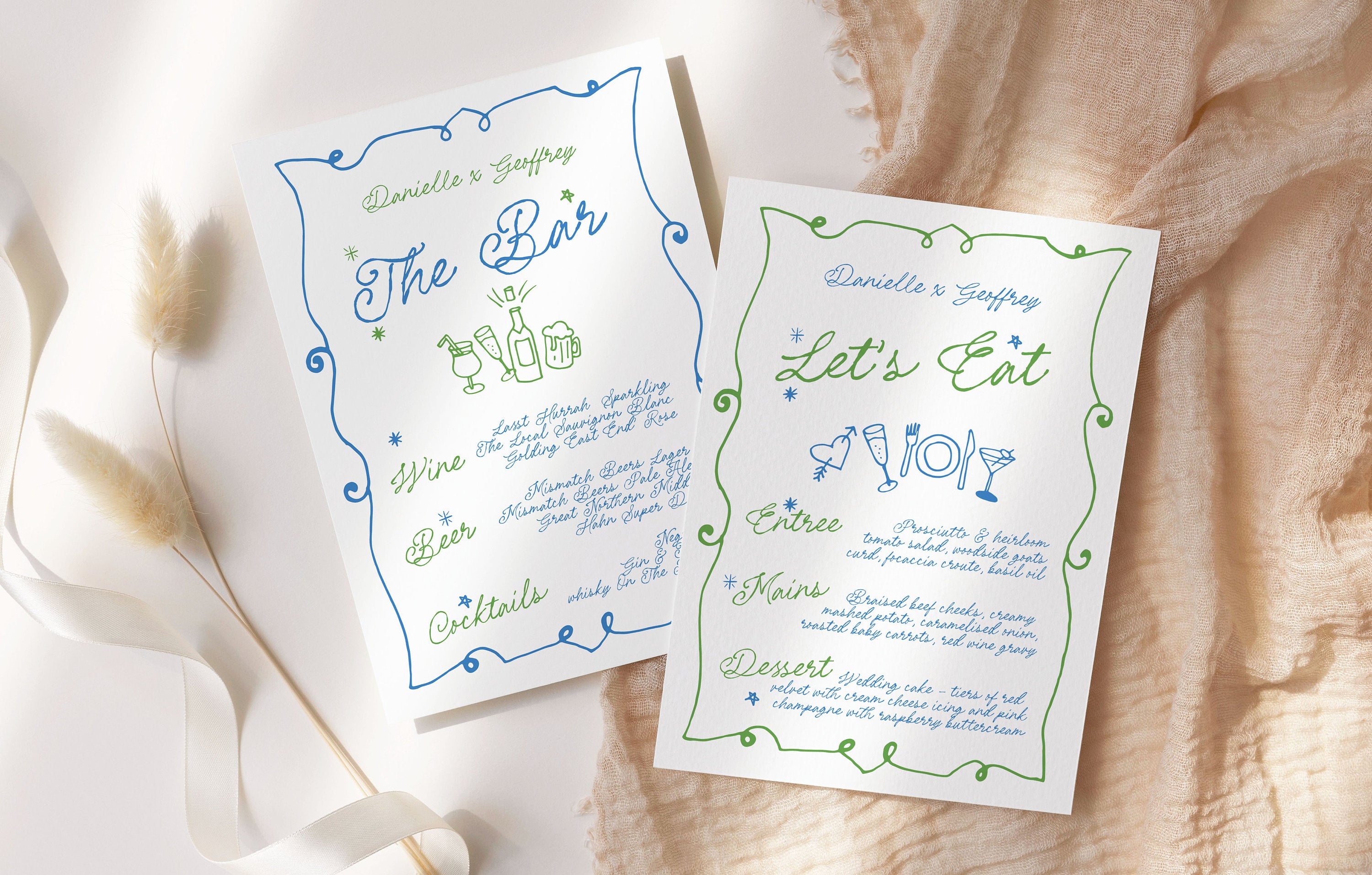 GEORGIE Modern Whimsical Wedding Menu Template, Dinner Drinks Bar Menu, Hand Drawn Scribble Illustration, Editable Templett Download