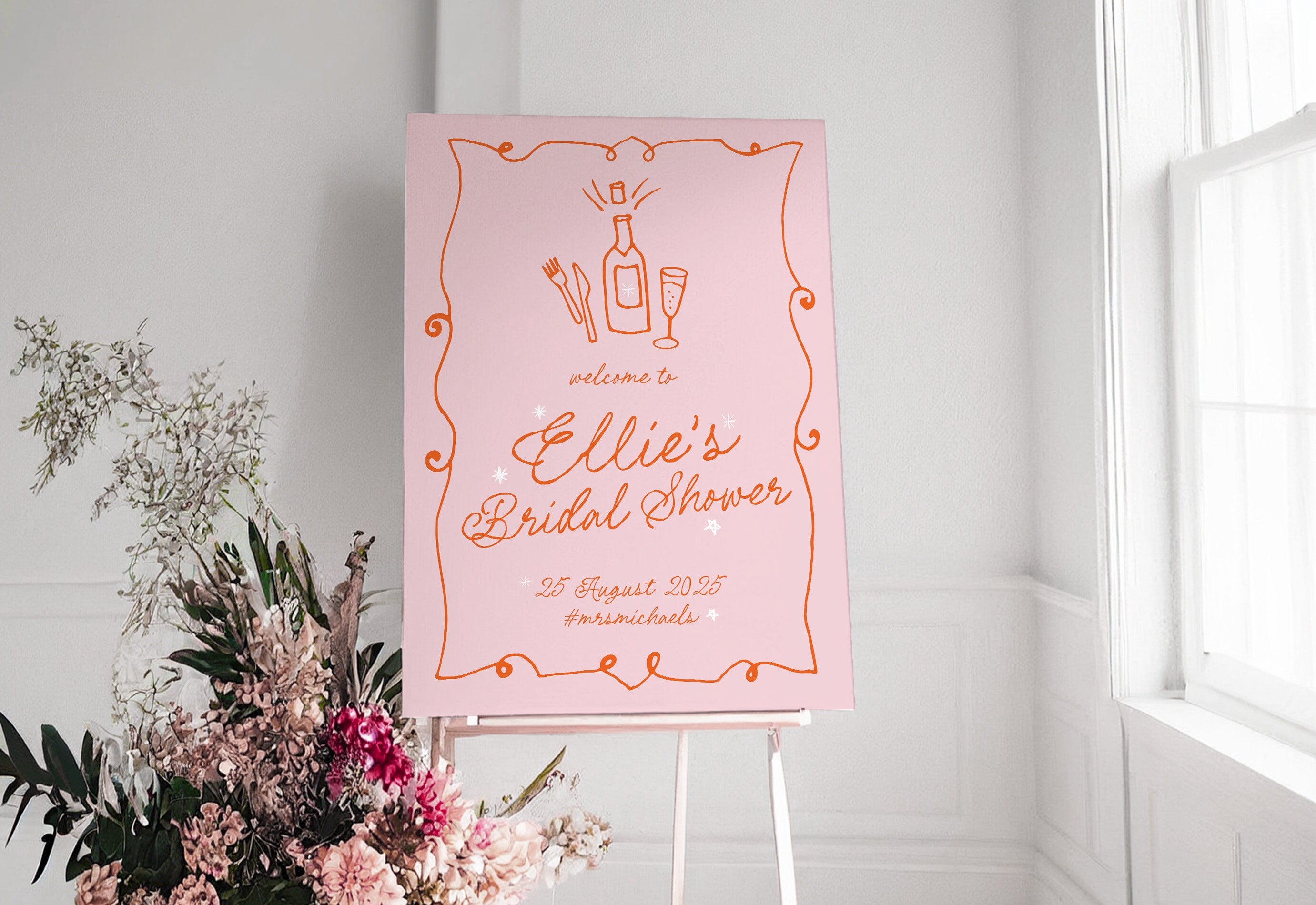 GEORGIE Modern Pink Bridal Shower Welcome Sign Template, Illustration Bridal Shower Weekend, Pink Hens Welcome, Editable Templett Download