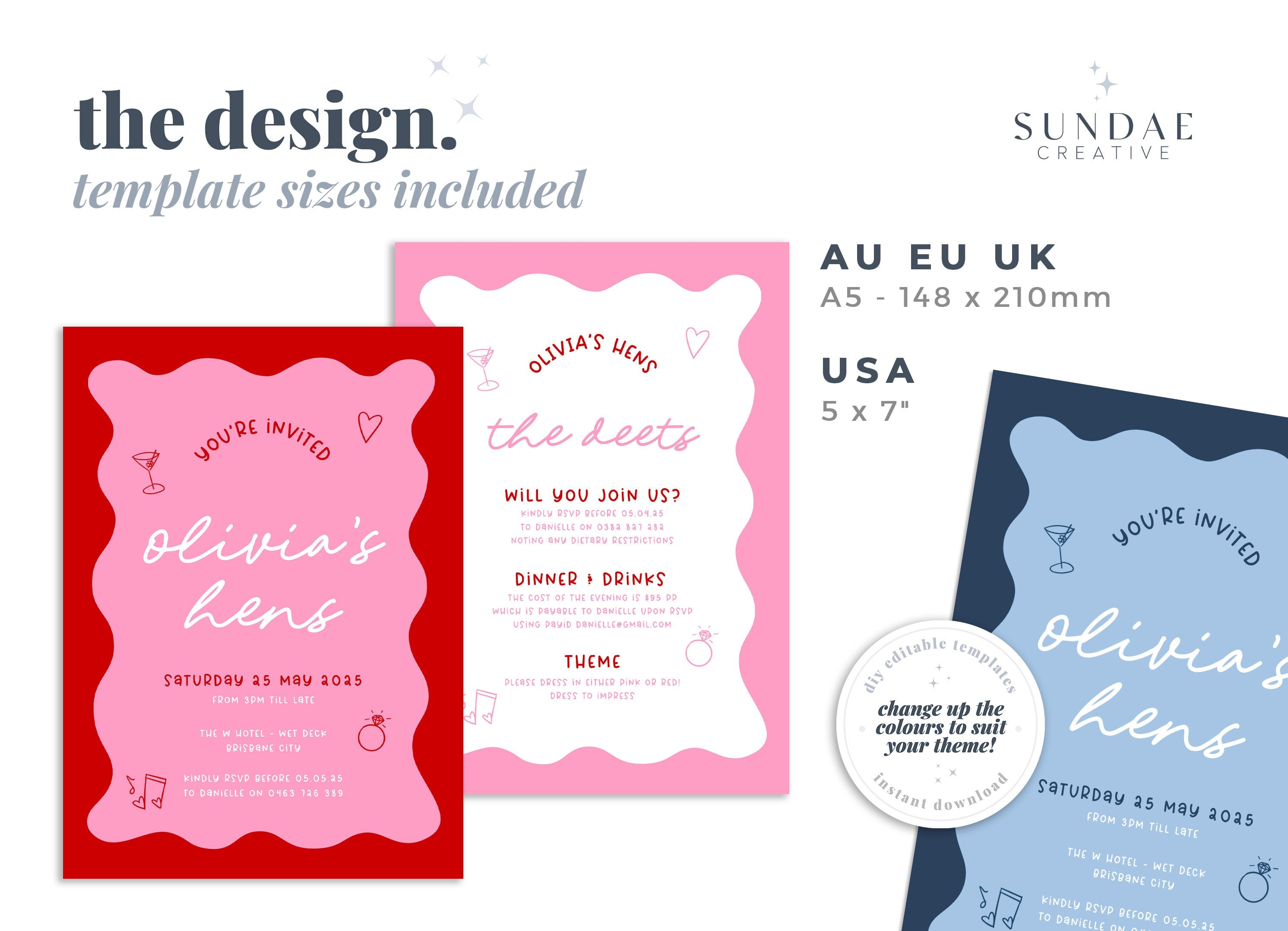 JEMMA Modern Wavy Hens Invitation Template Download, Editable Template Instant Download, Pink Red Hand-drawn border, Templett