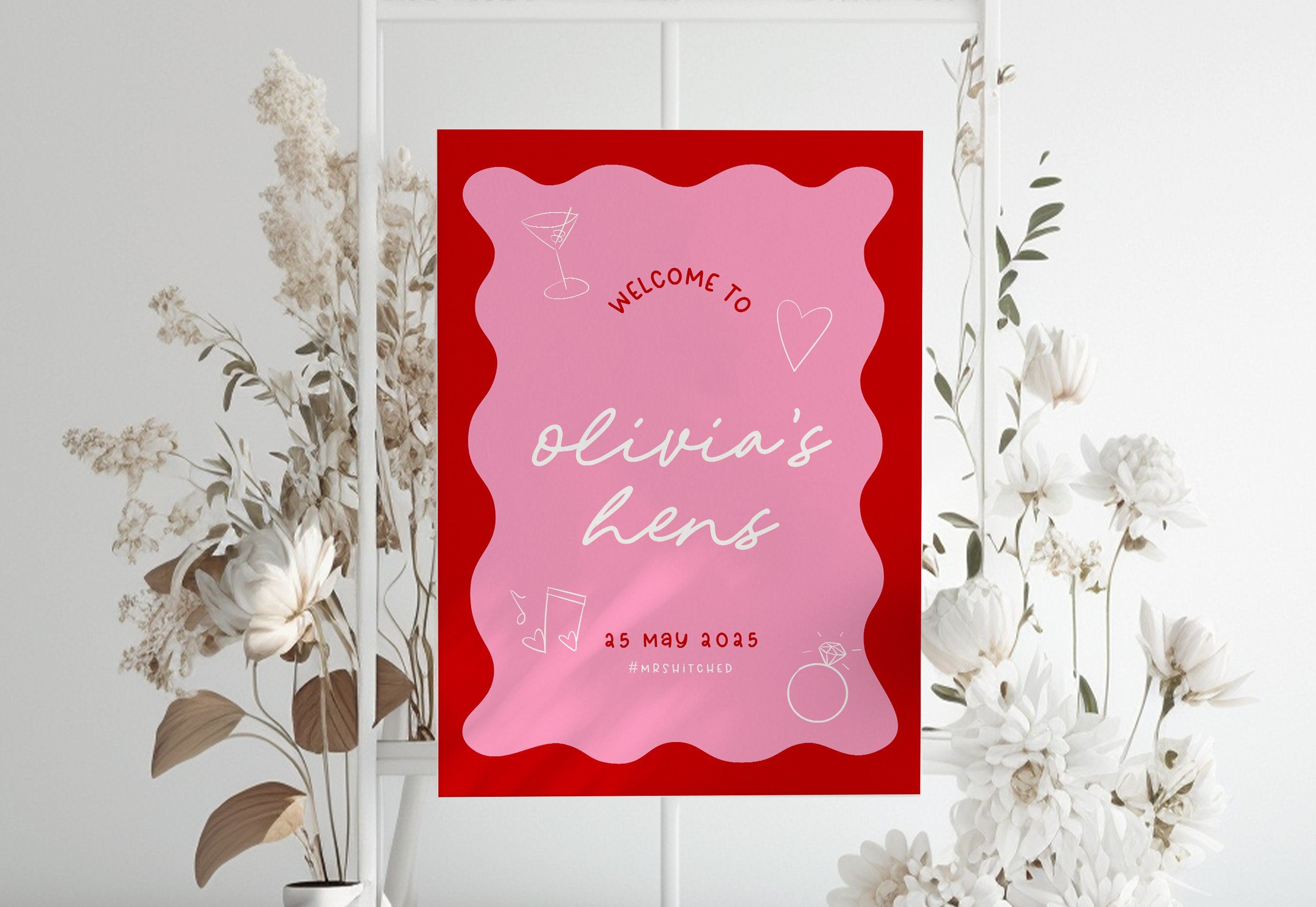 JEMMA Pink Red Wavy Bridal Shower Hens Welcome Sign Template Download, Bachelorette Welcome Template Instant Download, Wavy border, Templett