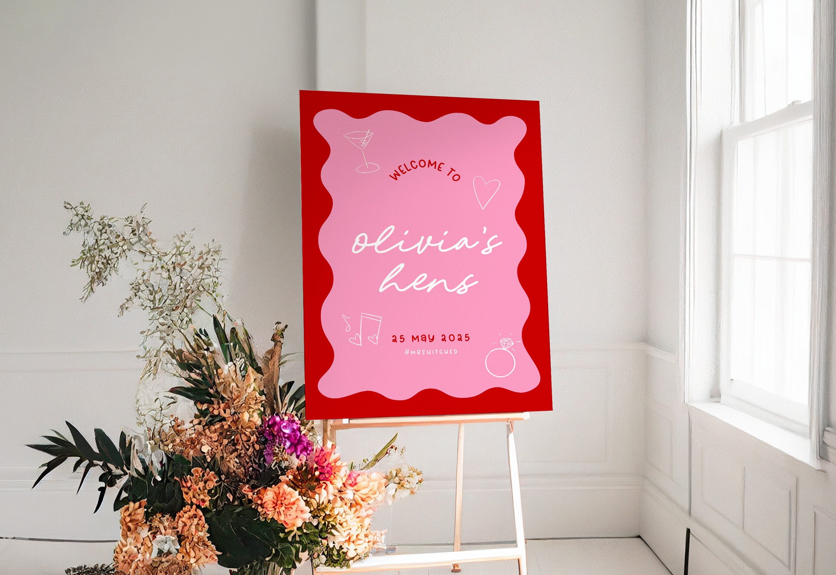 JEMMA Pink Red Wavy Bridal Shower Hens Welcome Sign Template Download, Bachelorette Welcome Template Instant Download, Wavy border, Templett