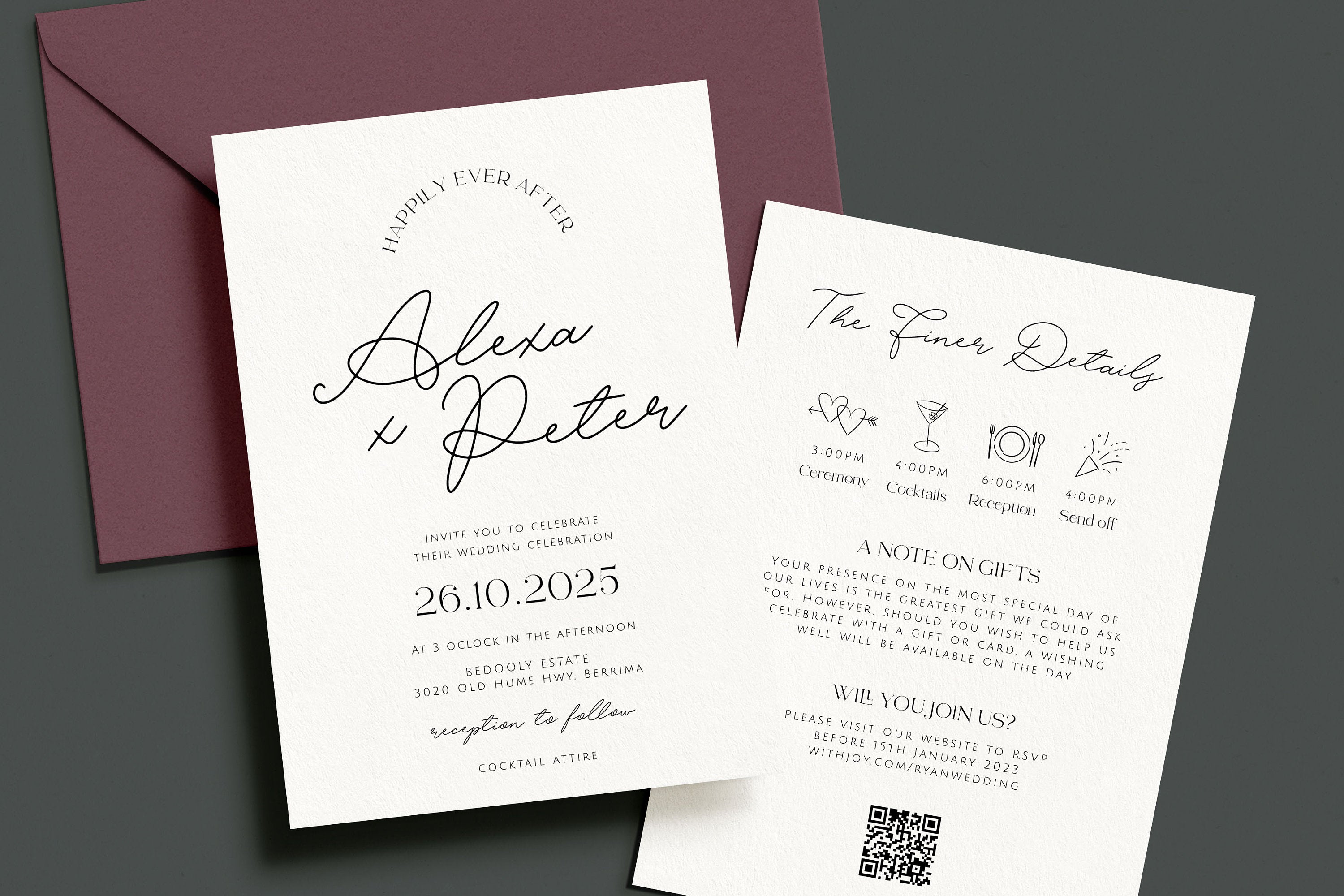 DAZZLE Modern Wedding Invites QR Code, Minimalist Wedding Invite Suite, Modern QR Invitation, Editable Templett
