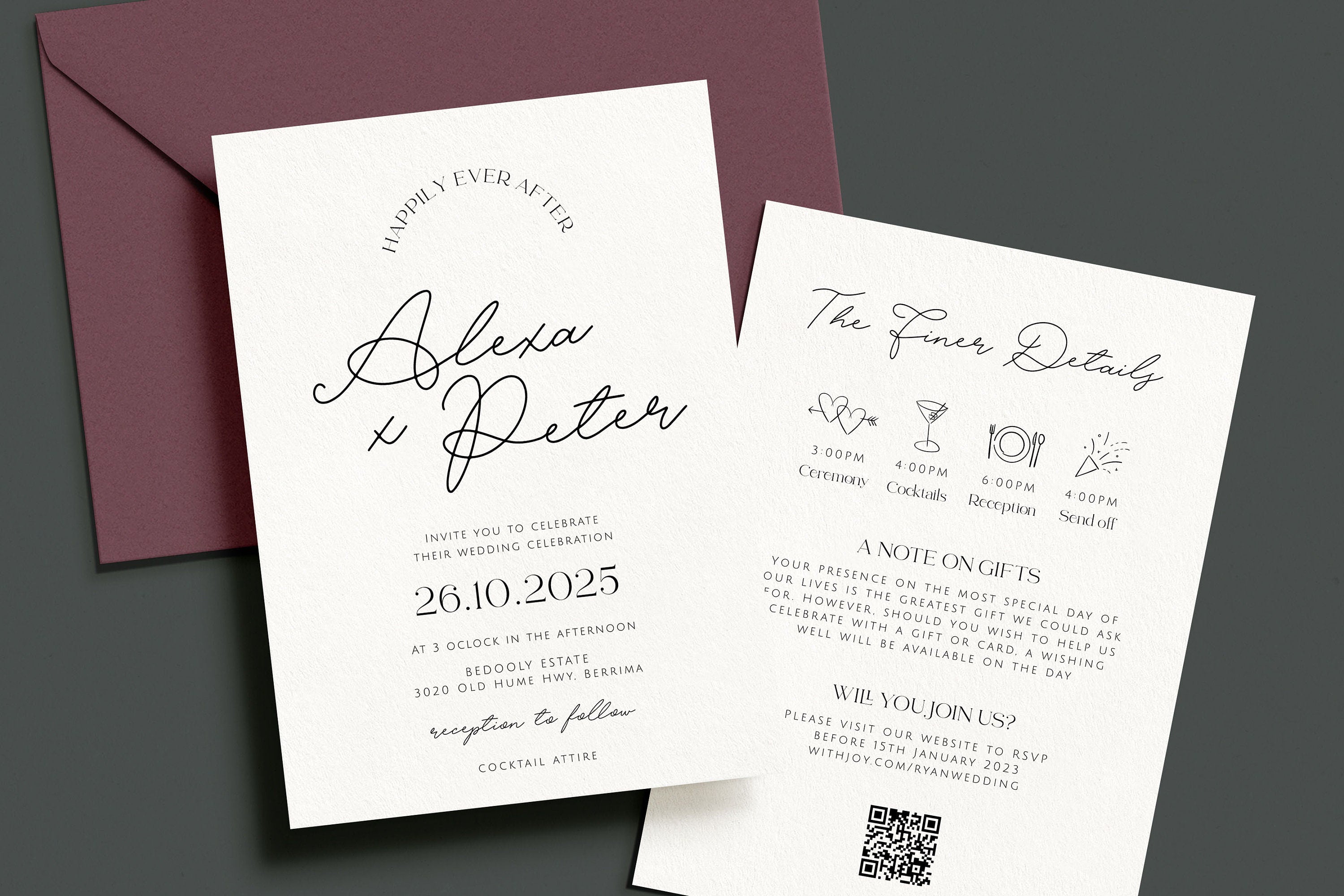 DAZZLE Wedding Invitation with QR Code, Minimal Wedding Invite Suite, Modern Invite, Simple Editable Invite Template, Editable Templett