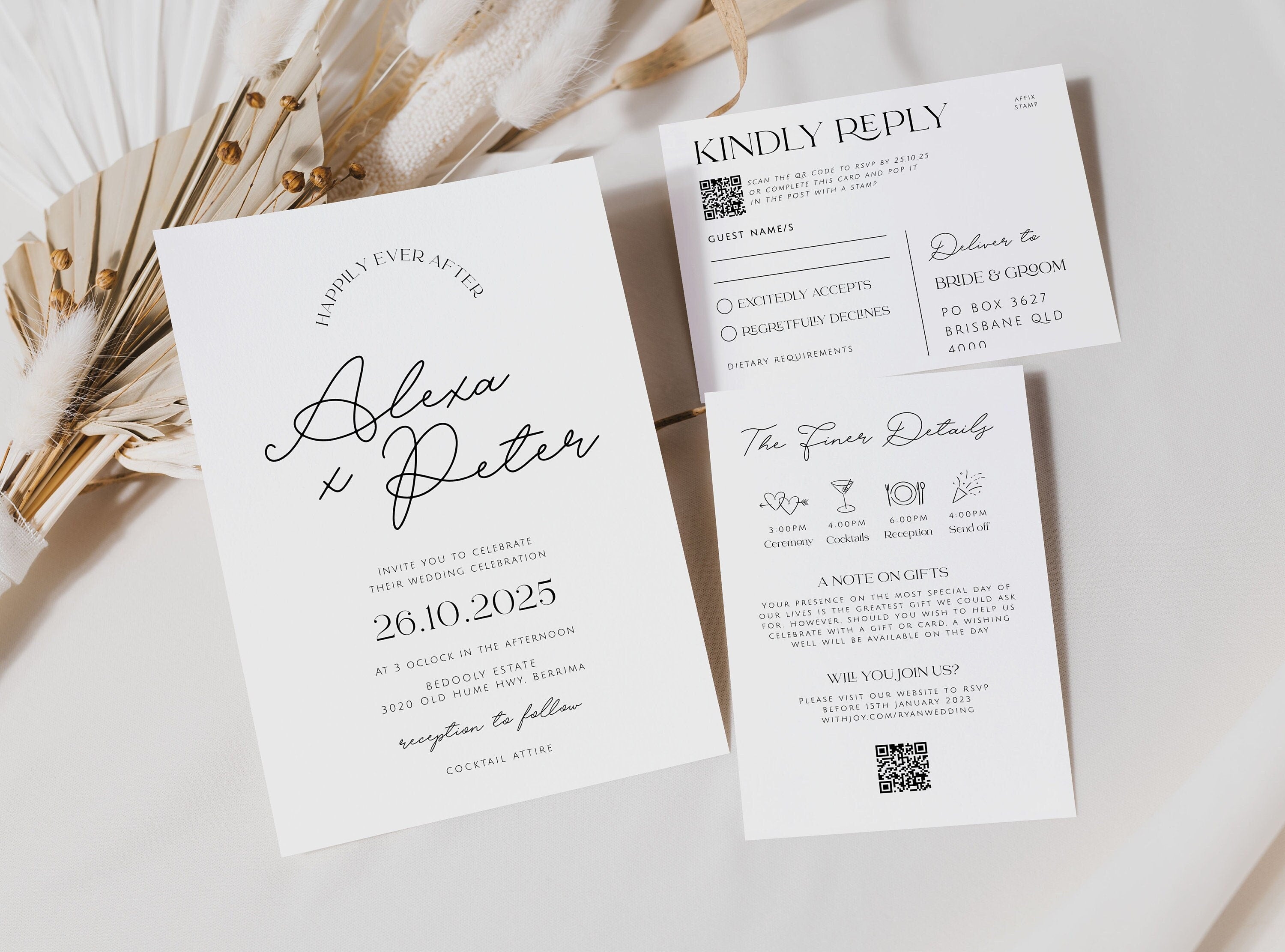 DAZZLE Wedding Invitation with QR Code, Minimal Wedding Invite Suite, Modern Invite, Simple Editable Invite Template, Editable Templett