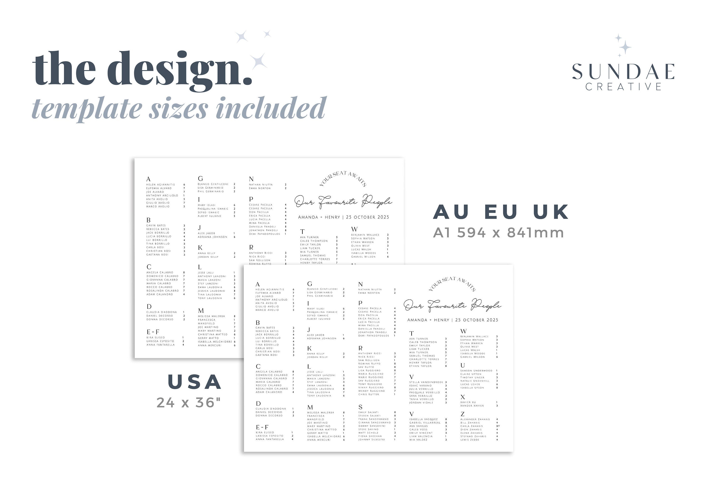 DAZZLE Alphabetical seating chart Template Download, Minimalist Seating Alphabetized, Printable Seating Plan Editable Sign, Templett