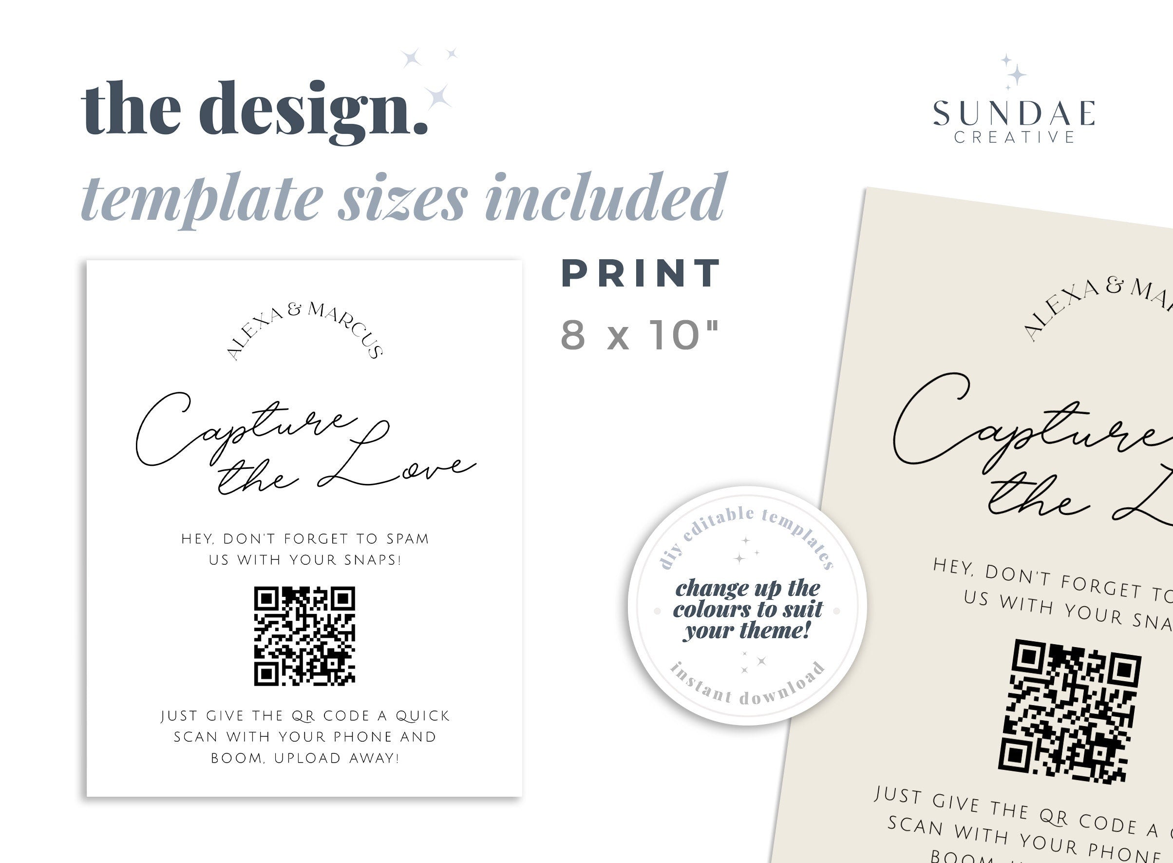 DAZZLE Minimalist Capture the Love QR Code Sign Template, Wedding Photo Signs, Share the Love, Wedding QR Code Signs, Editable Templett