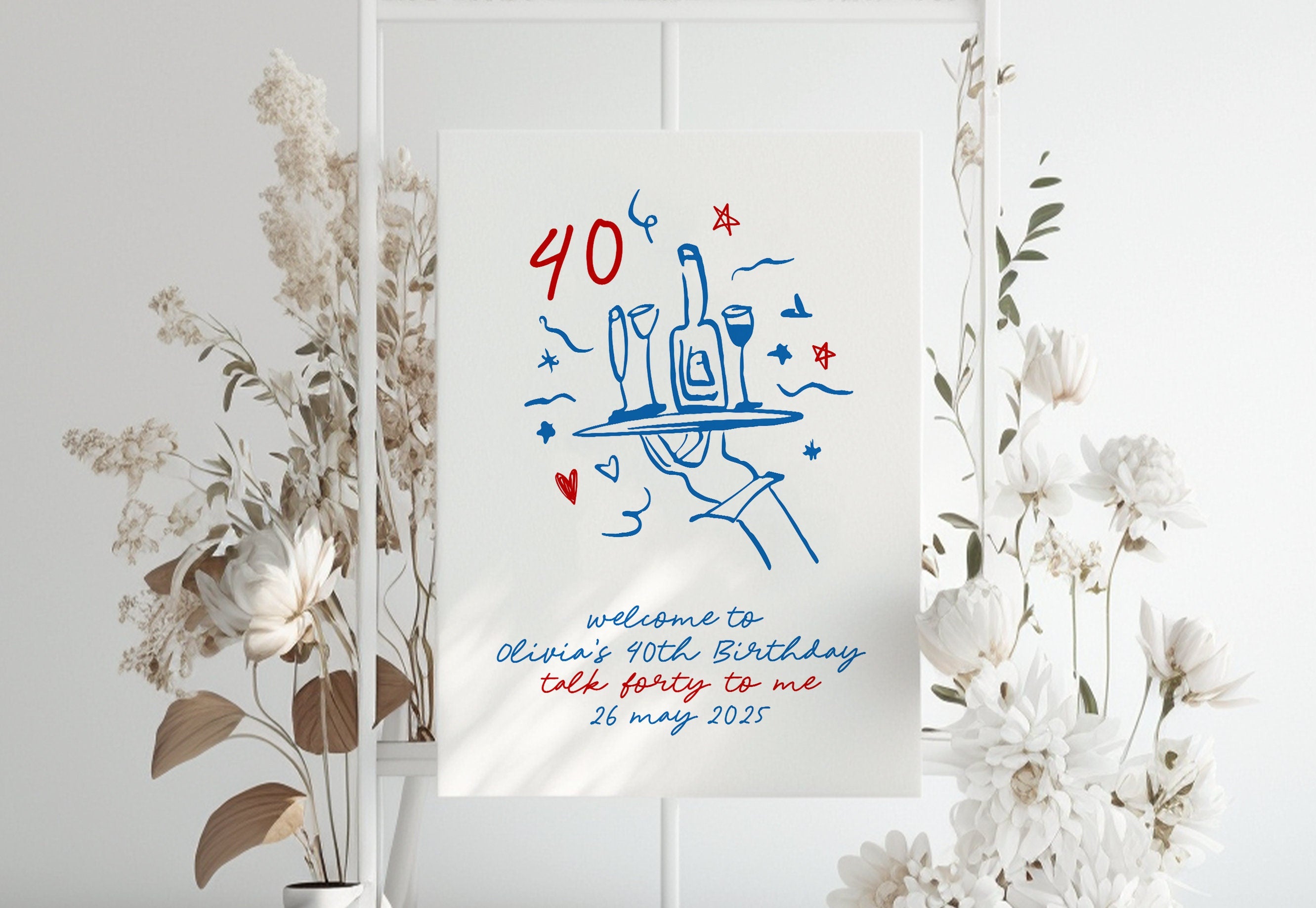 CLARA Fun modern 40th Birthday Welcome Sign Template, Illustration Drawing birthday forty fifty thirty 30th sign, Editable Templett Download