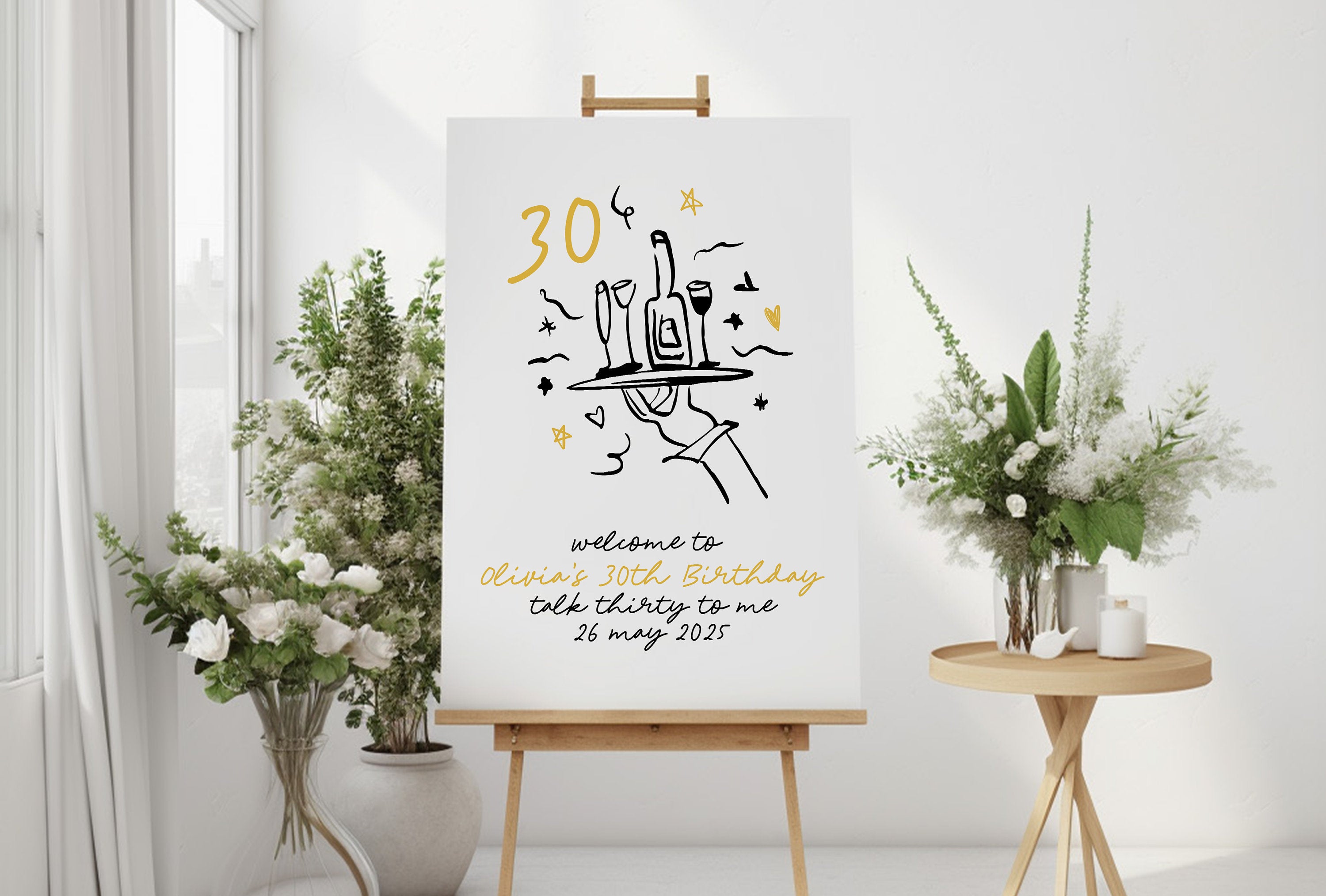 CLARA Fun Modern 30th Birthday Welcome Sign Template, Illustration Drawing birthday thirty 30th sign, Black Gold Editable Templett Download