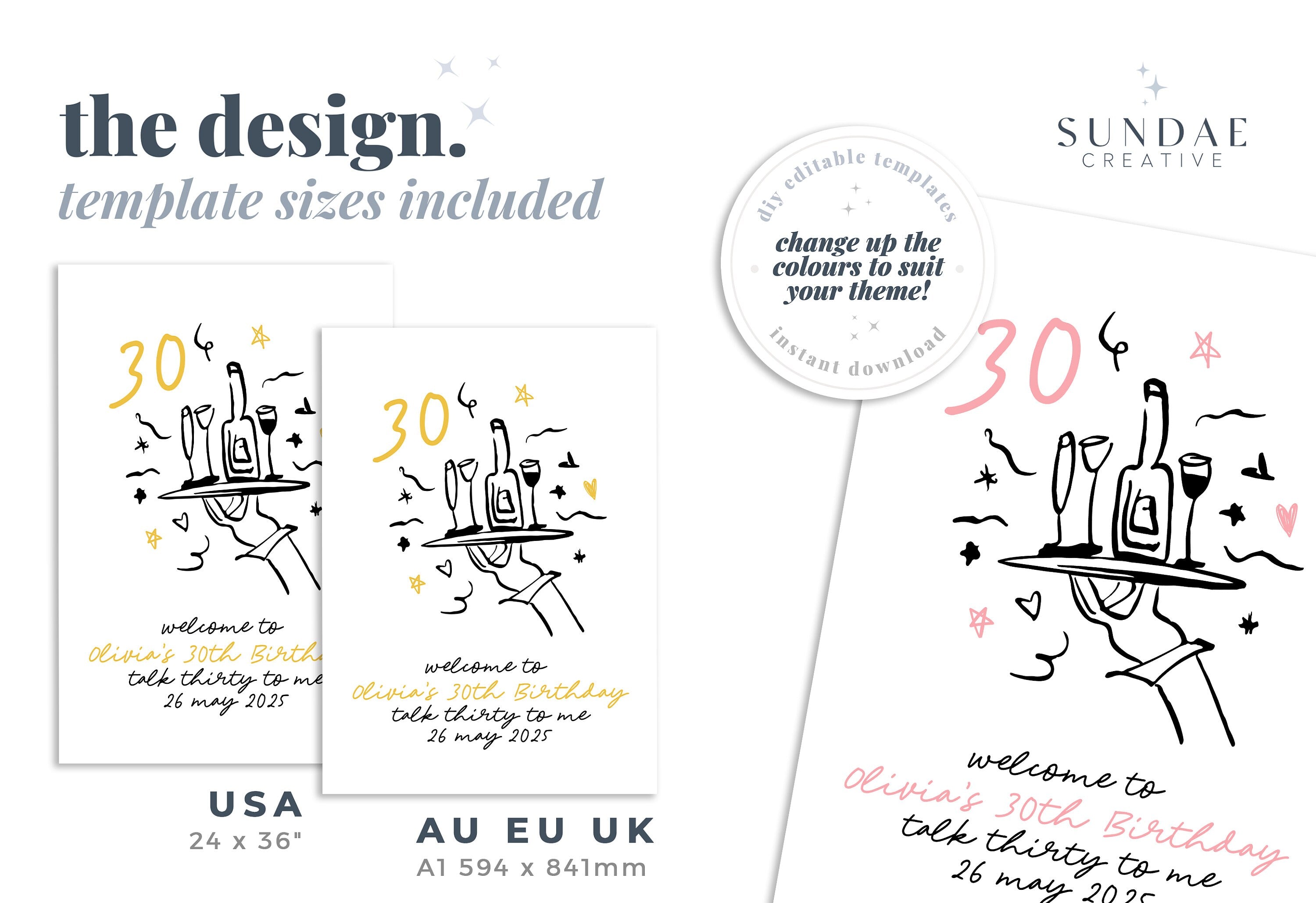 CLARA Fun Modern 30th Birthday Welcome Sign Template, Illustration Drawing birthday thirty 30th sign, Black Gold Editable Templett Download