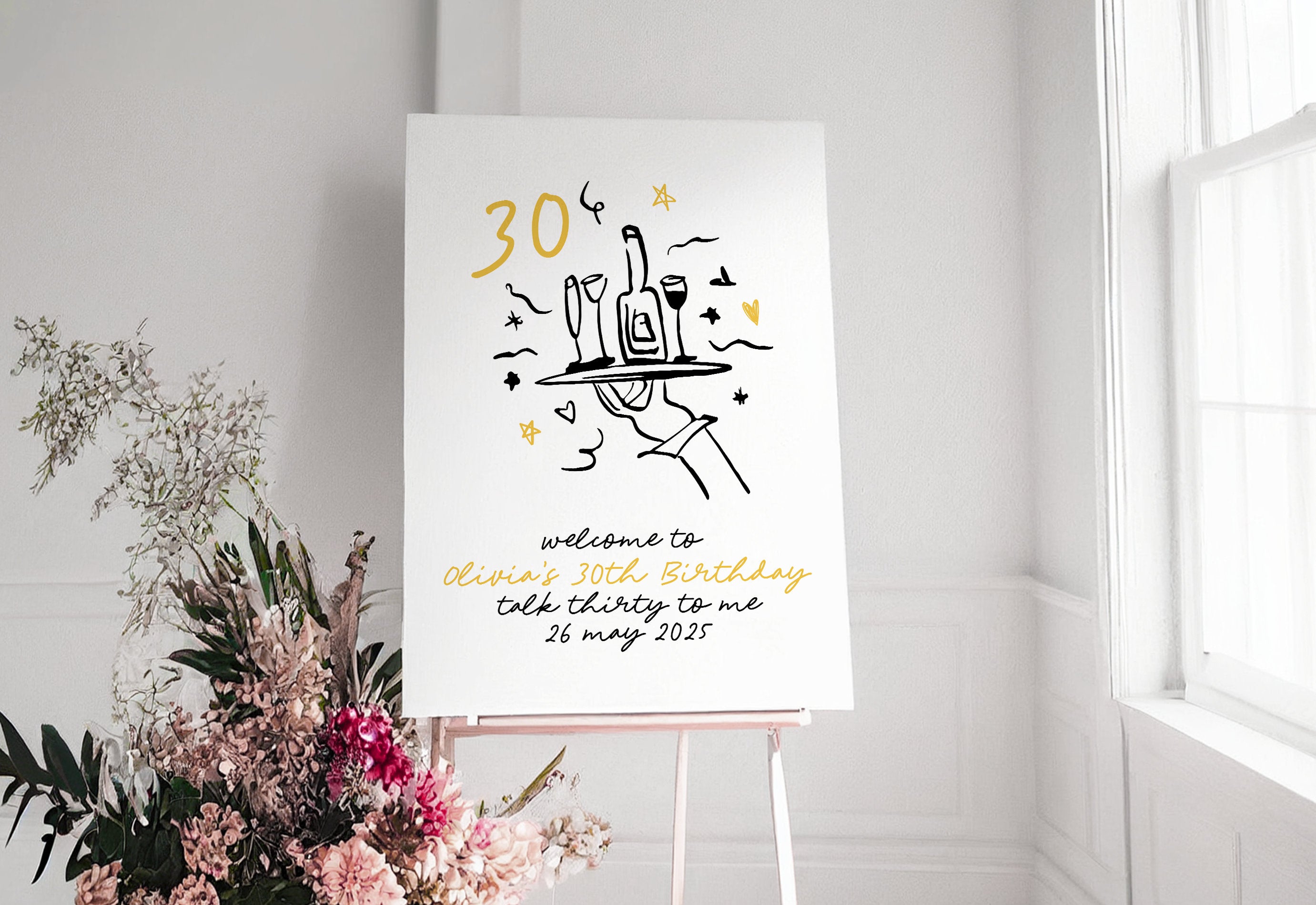 CLARA Fun Modern 30th Birthday Welcome Sign Template, Illustration Drawing birthday thirty 30th sign, Black Gold Editable Templett Download