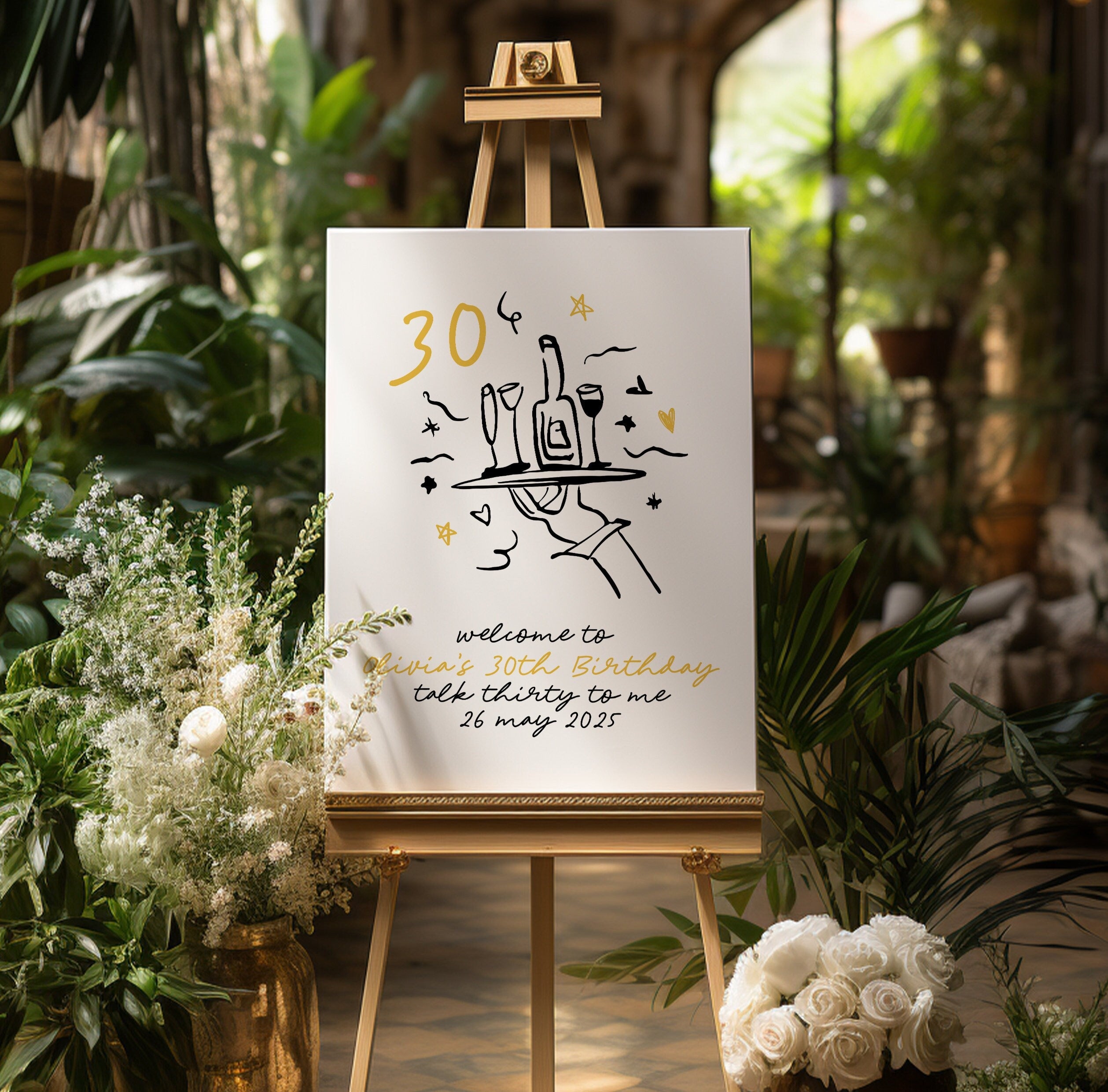 CLARA Fun Modern 30th Birthday Welcome Sign Template, Illustration Drawing birthday thirty 30th sign, Black Gold Editable Templett Download