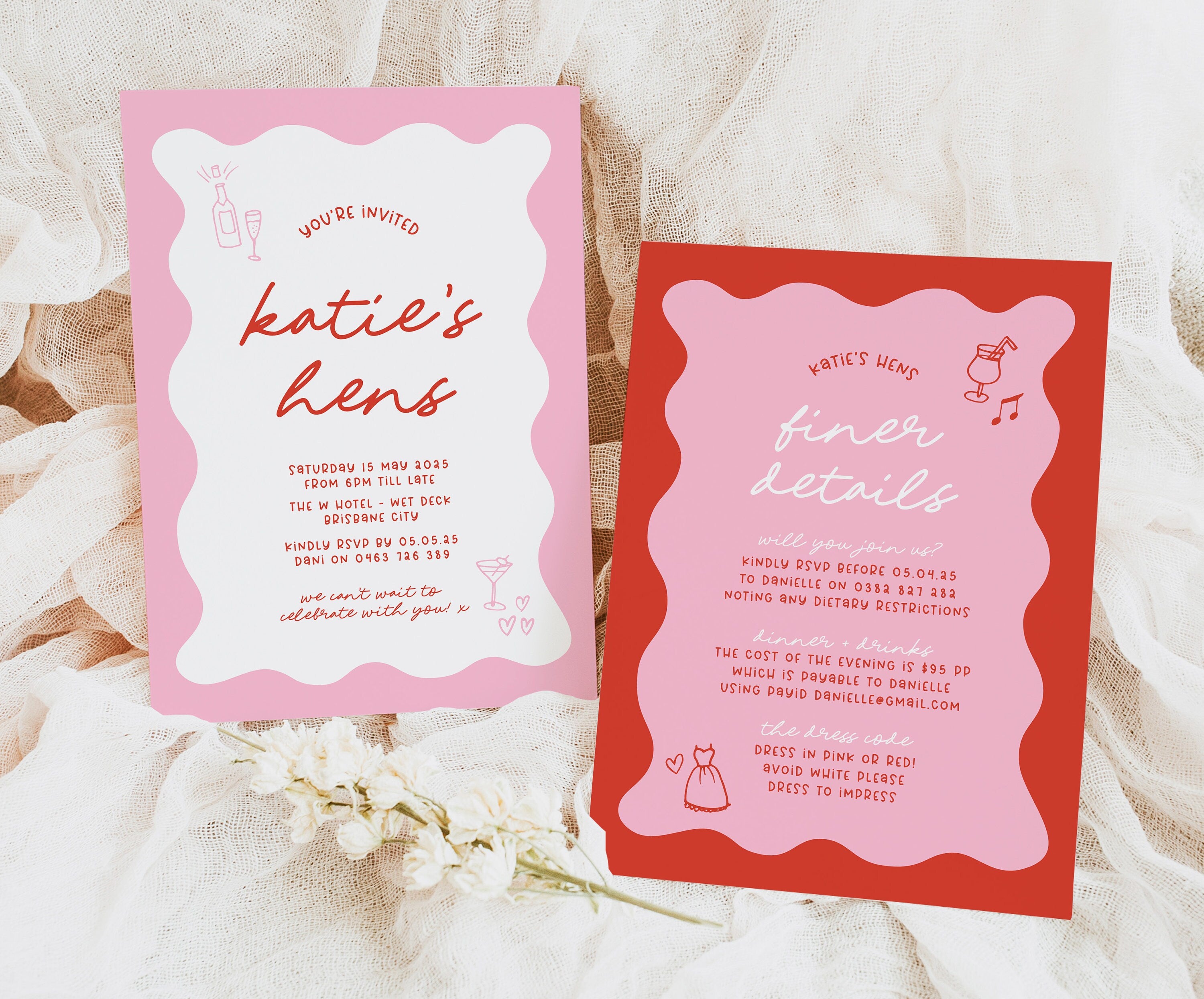 JEMMA Modern Pink Red Hens Party Invitation Template Download, Editable Template Instant Download, Squiggly Wavy border, Templett