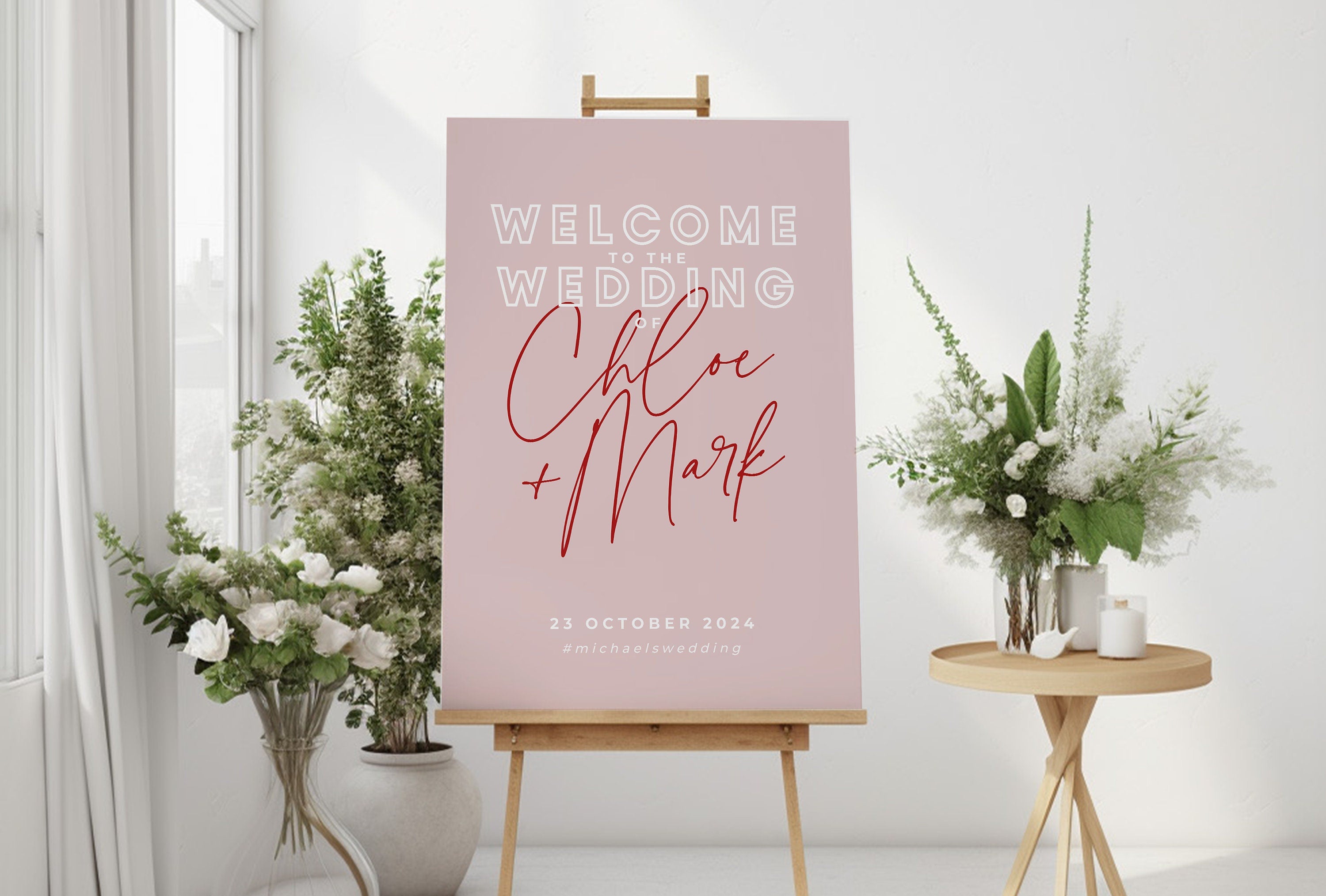 BRODY Pink Red Wedding Welcome Sign Template, Modern Wedding Welcome Sign, Printable template, Instant Download Editable Templett