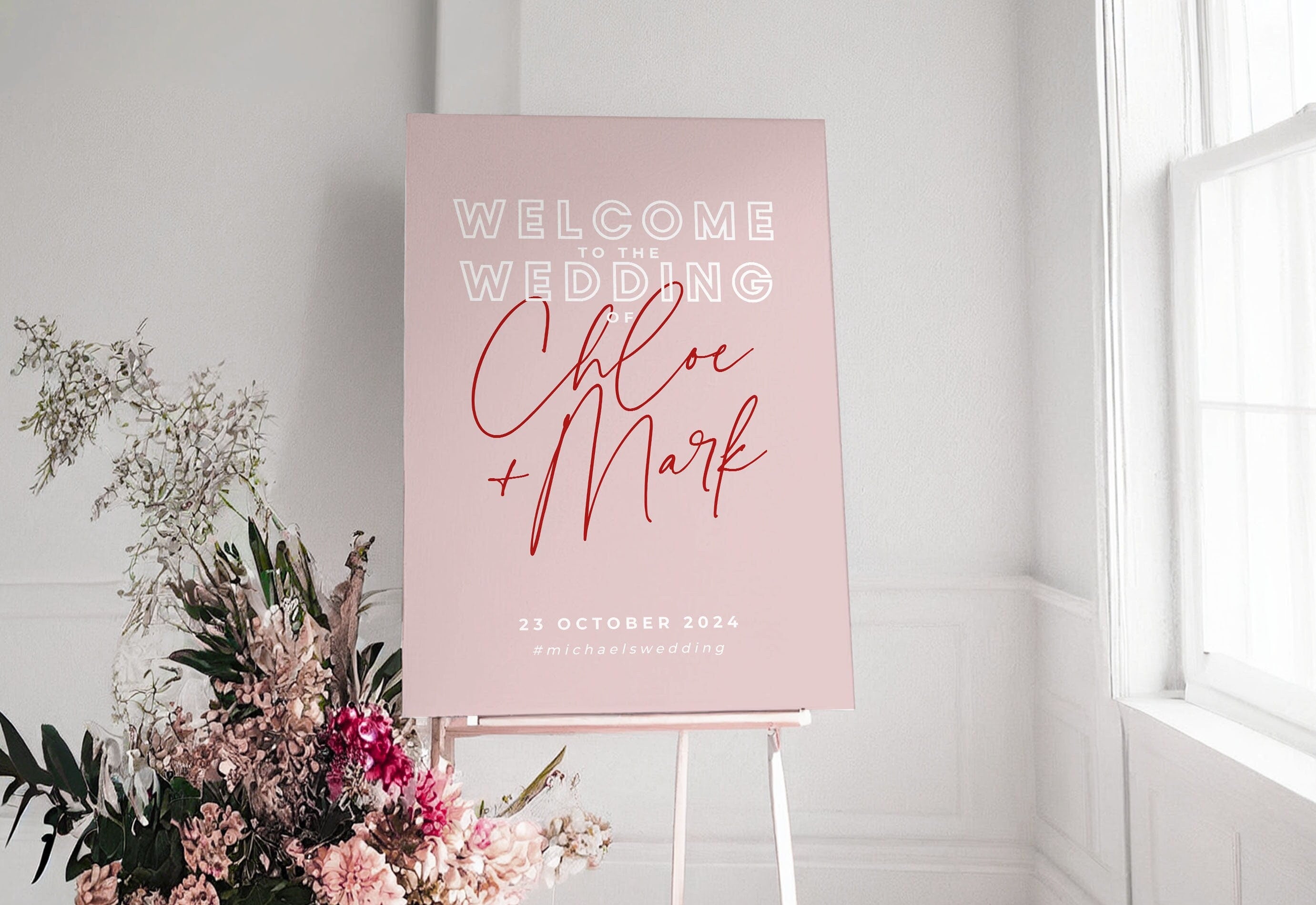 BRODY Pink Red Wedding Welcome Sign Template, Modern Wedding Welcome Sign, Printable template, Instant Download Editable Templett