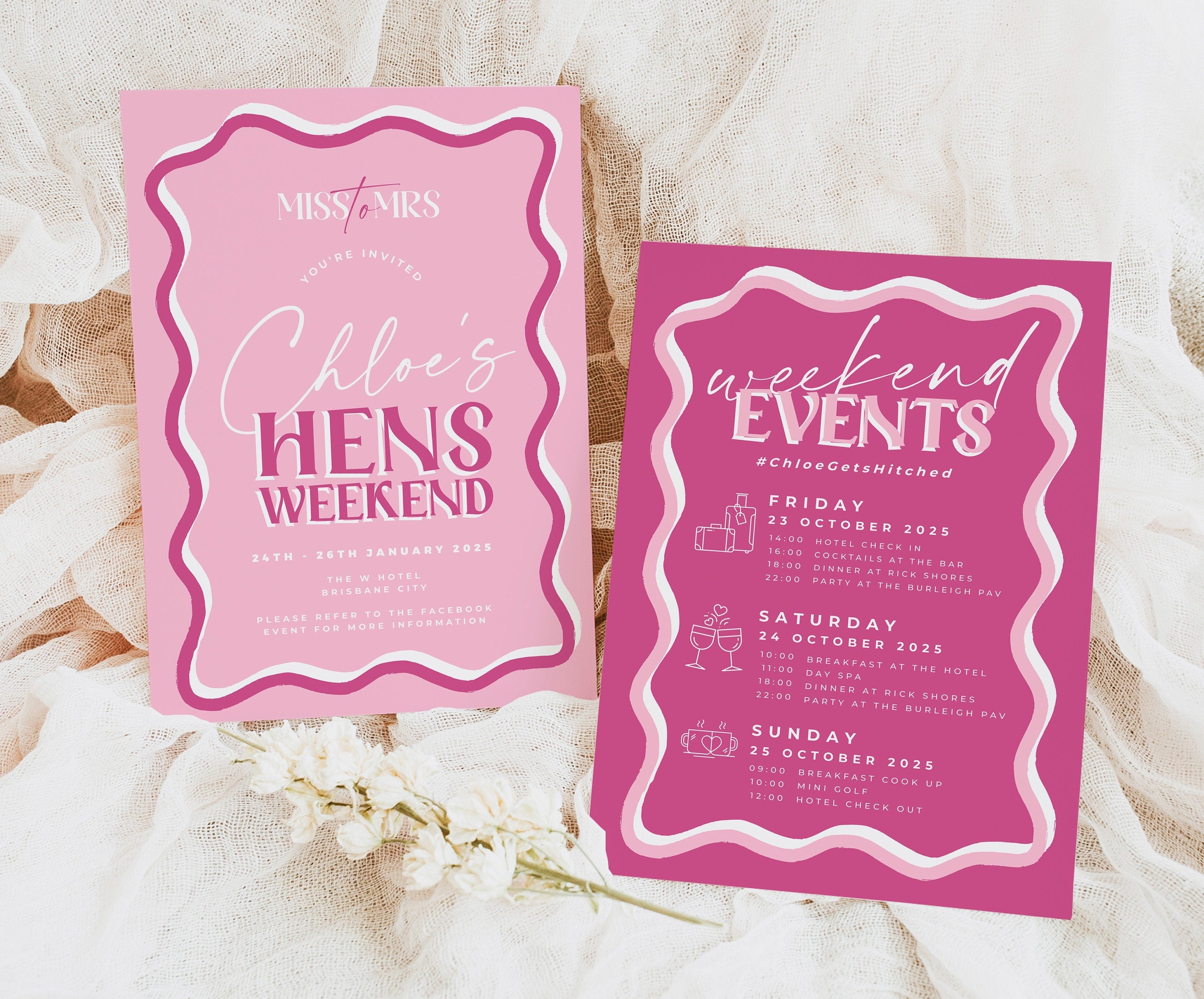 SONNY Pink Wavey Hens Weekend Invite, Pink Hen Weekend Events, Bridal Shower Invitation template, Instant Download Editable Templett