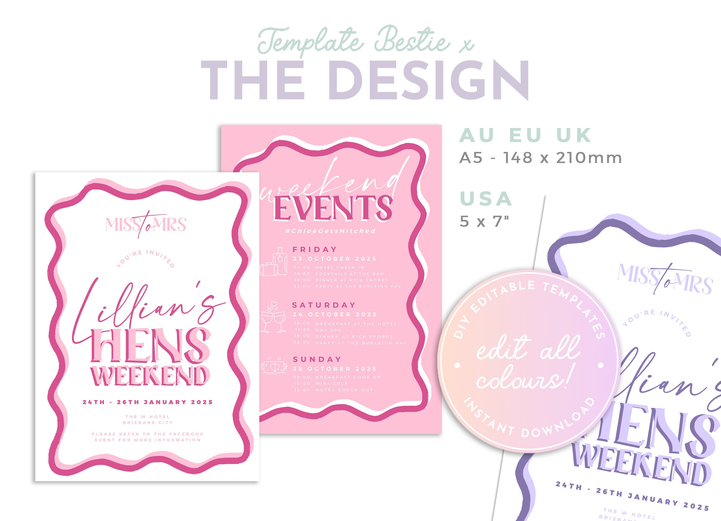 SONNY Modern Fun Hens Weekend Invite, Pink Hen Weekend Events, Bridal Shower Invitation template, Instant Download Editable Templett