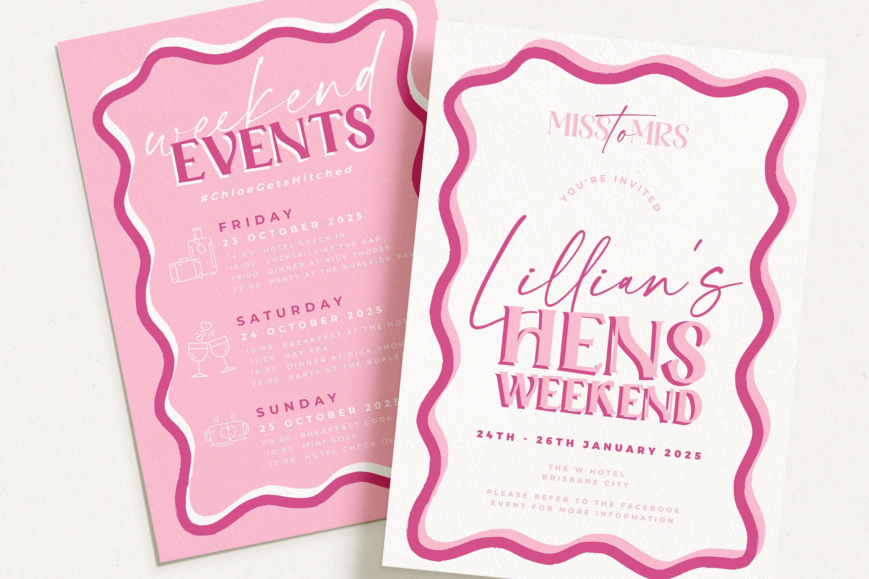 SONNY Modern Fun Hens Weekend Invite, Pink Hen Weekend Events, Bridal Shower Invitation template, Instant Download Editable Templett