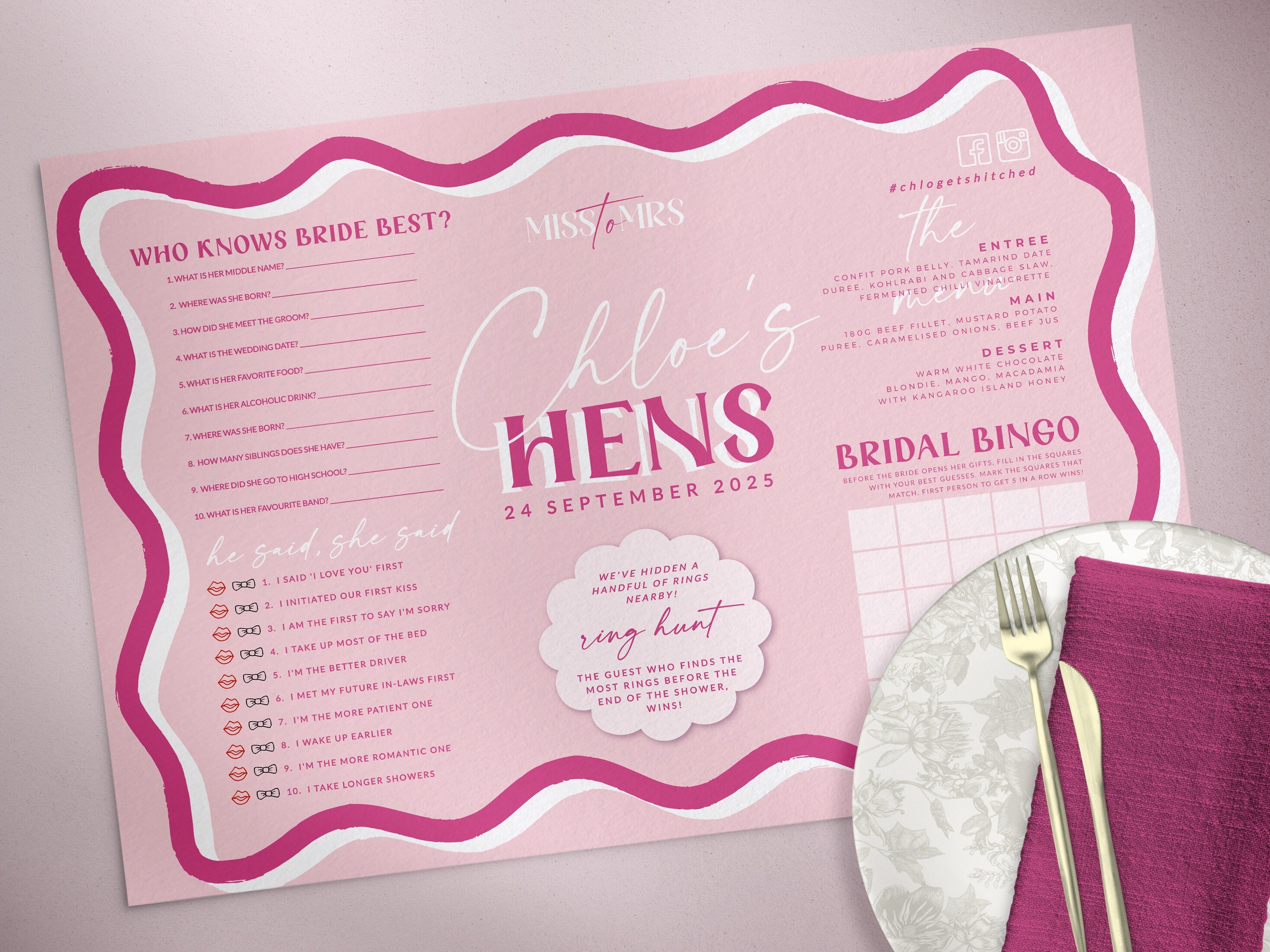 SONNY Bridal Shower Games Menu Placemat Template, Hen Menu Games, Bridal Shower template, Instant Download Editable Templett