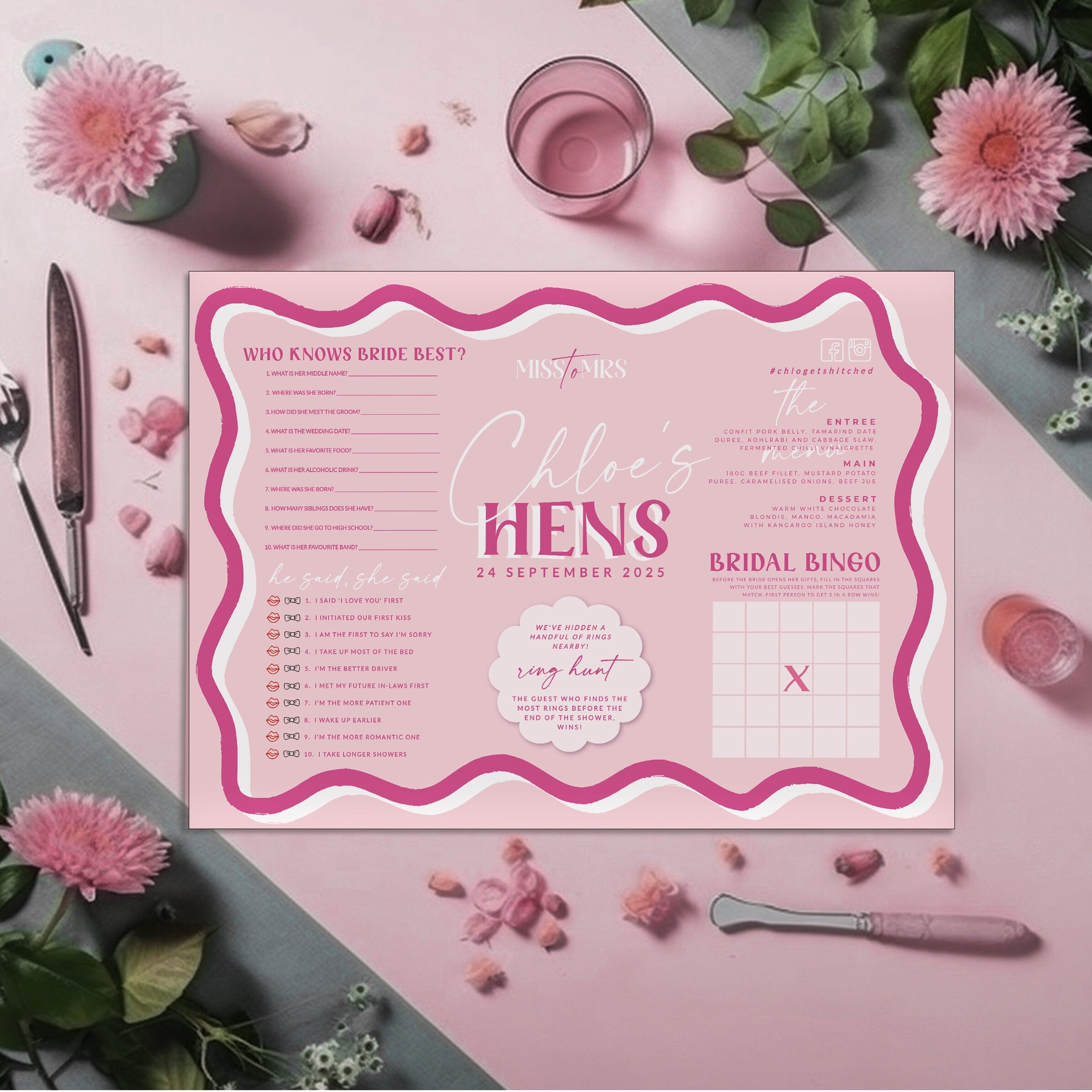 SONNY Bridal Shower Games Menu Placemat Template, Hen Menu Games, Bridal Shower template, Instant Download Editable Templett