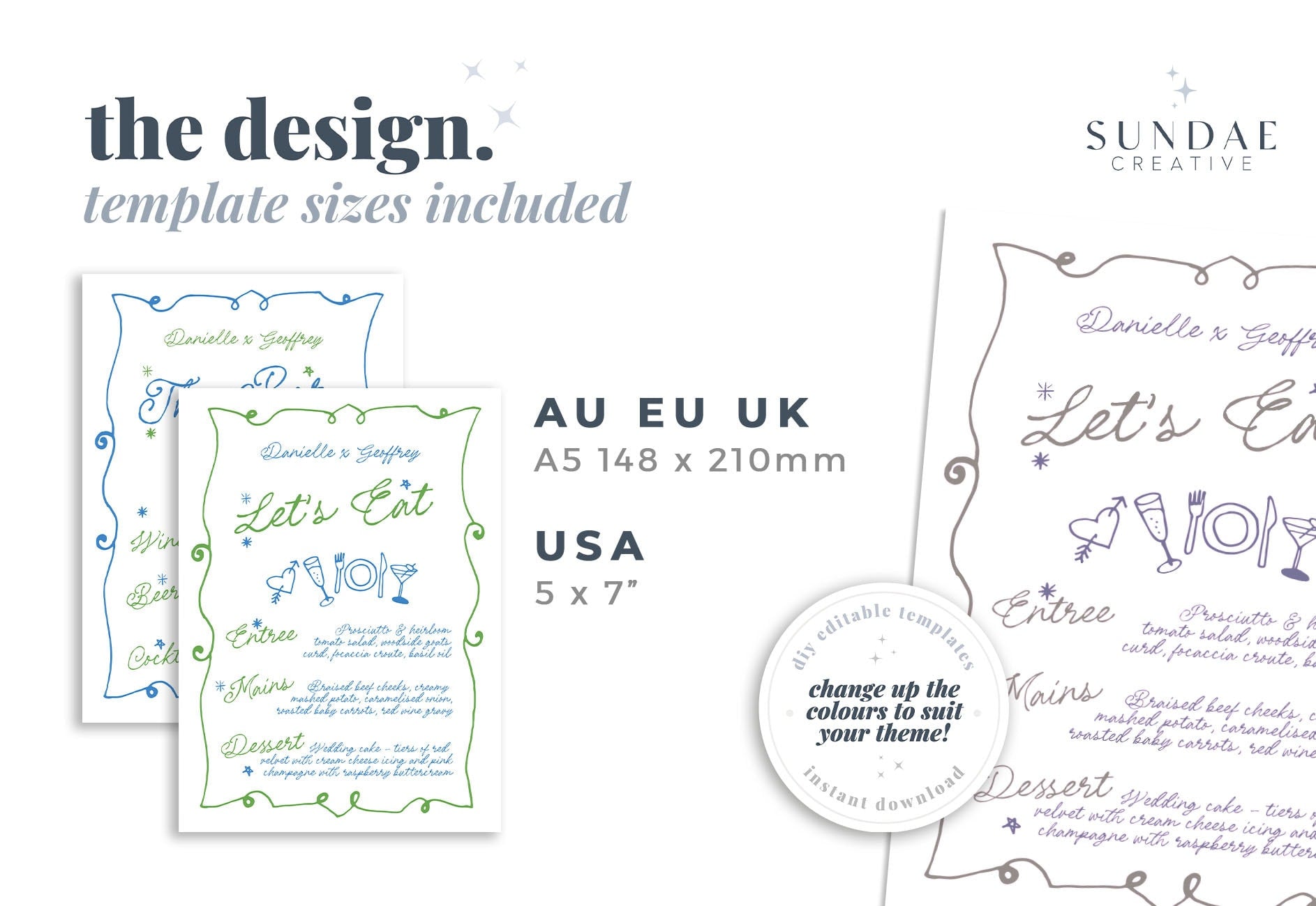 GEORGIE Modern Whimsical Wedding Menu Template, Dinner Drinks Bar Menu, Hand Drawn Scribble Illustration, Editable Templett Download