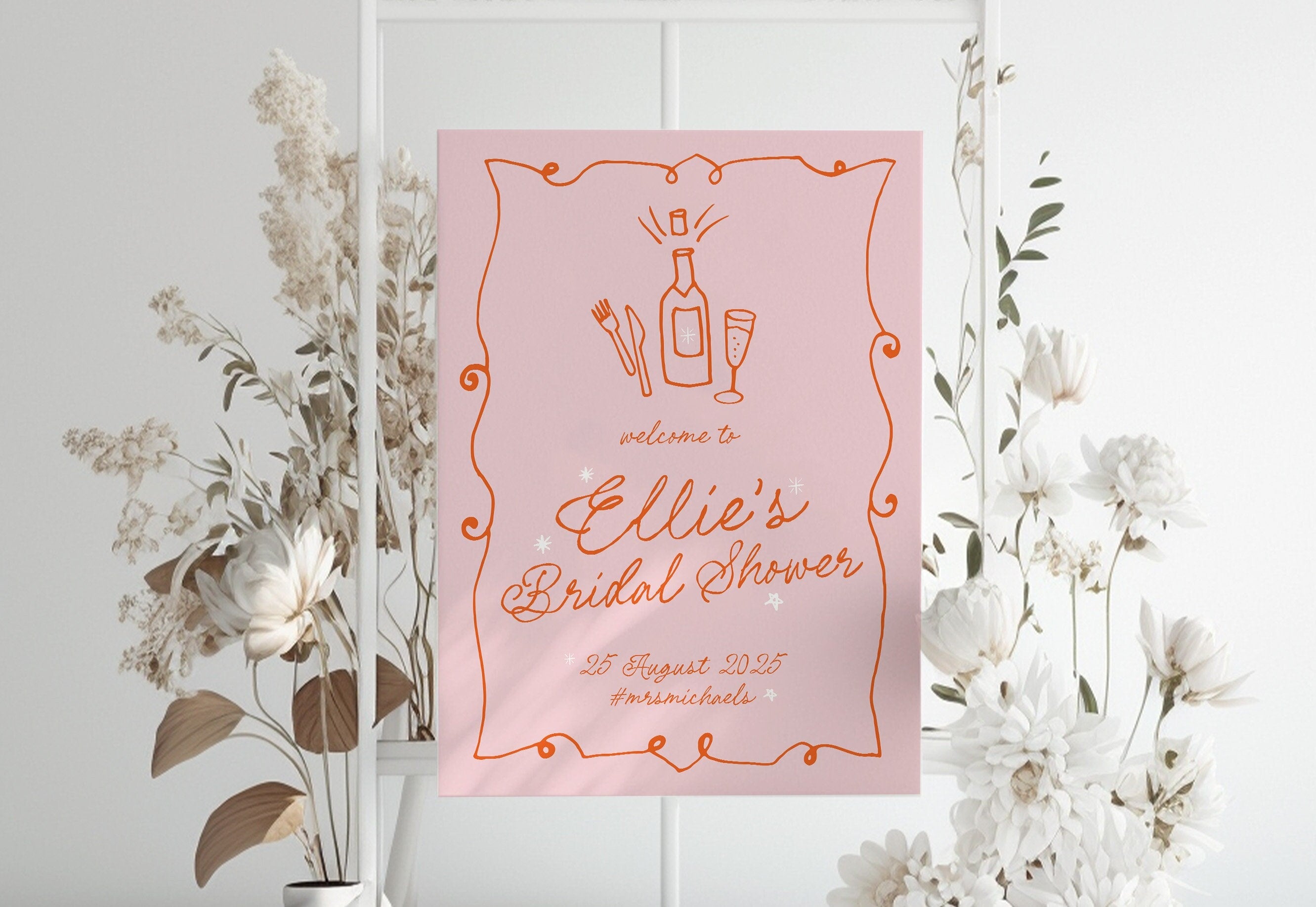 GEORGIE Modern Pink Bridal Shower Welcome Sign Template, Illustration Bridal Shower Weekend, Pink Hens Welcome, Editable Templett Download